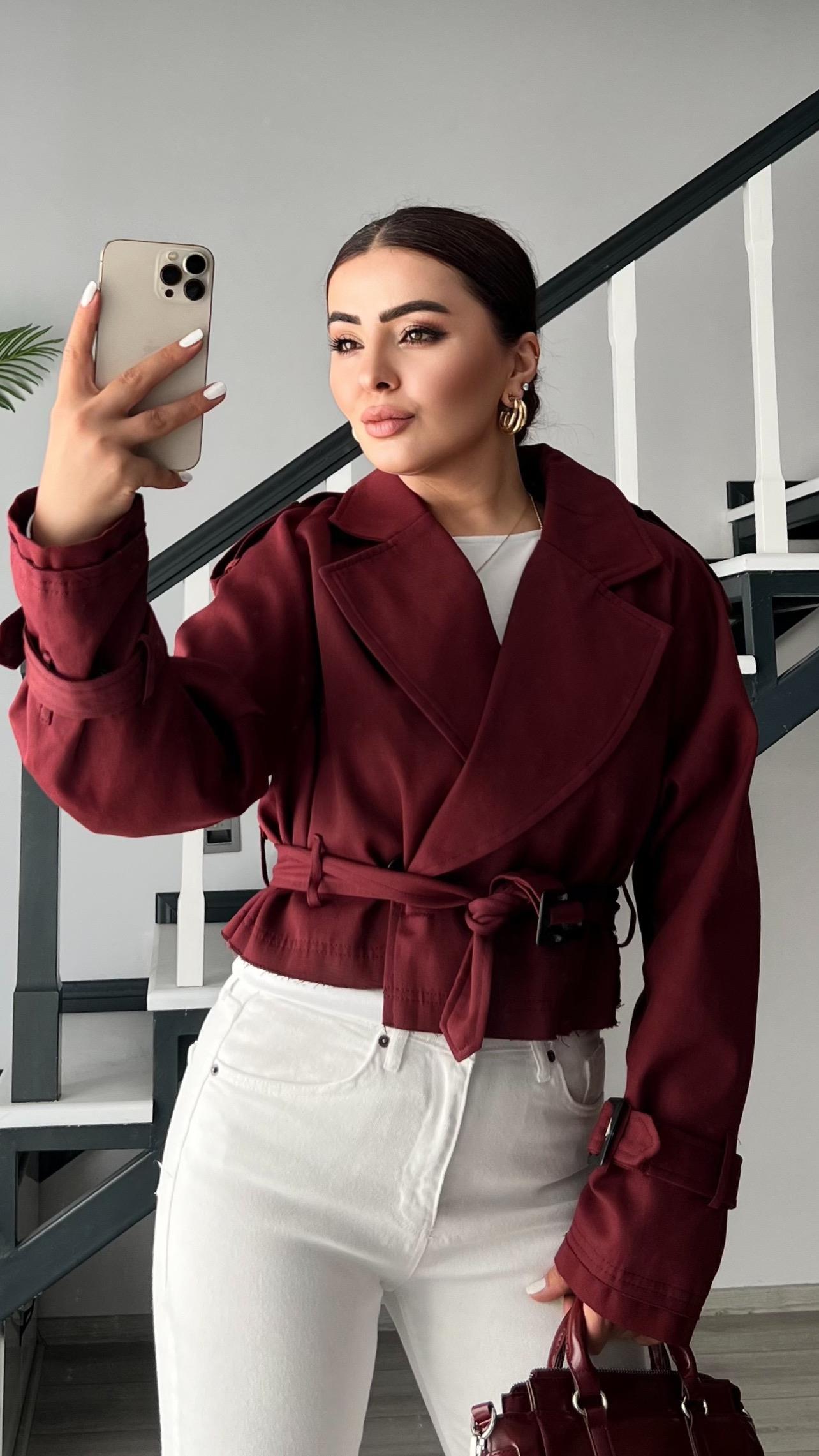Burgundy Trench Coat with Shoulder Epaulets and Belt