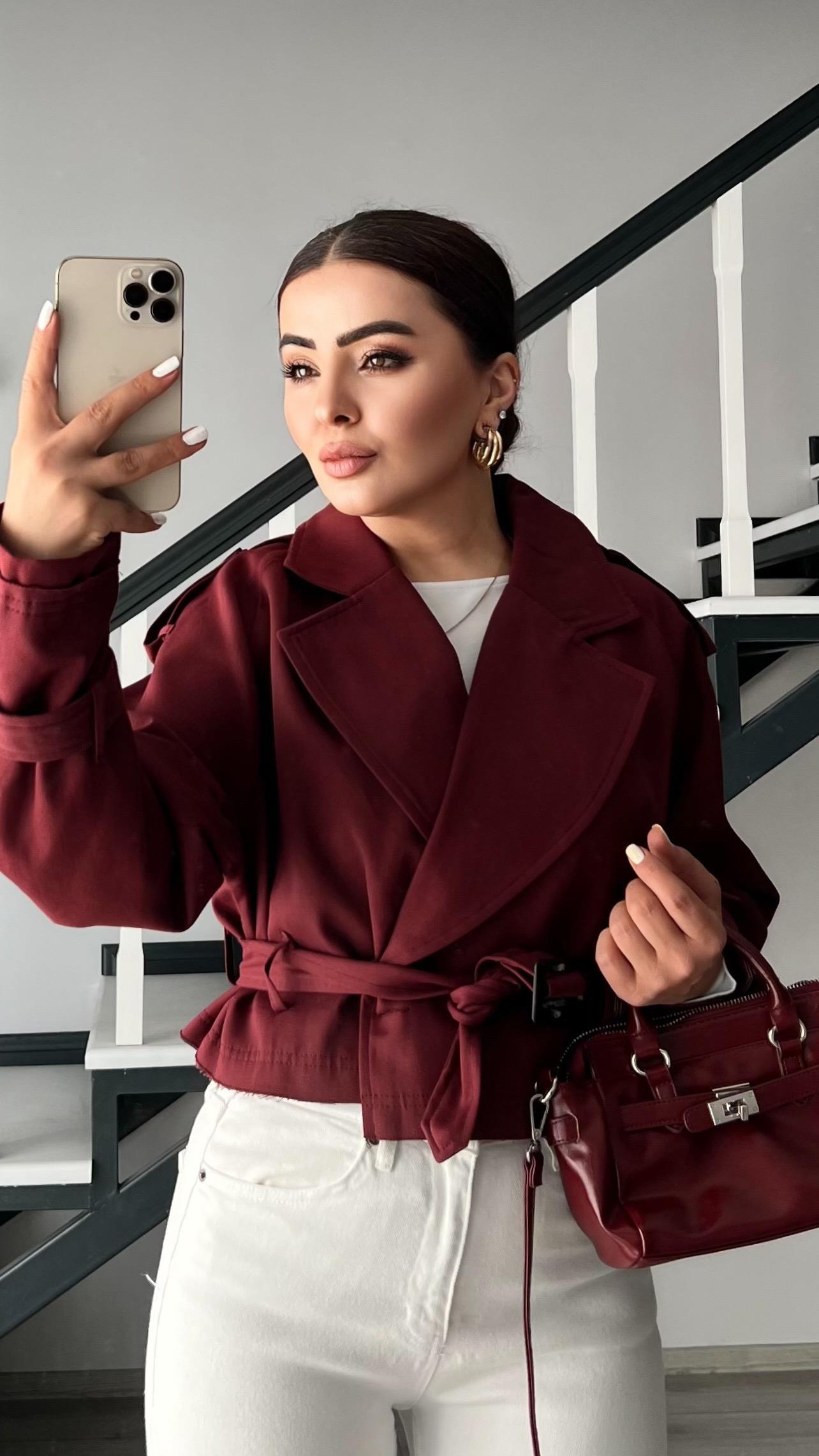 Burgundy Trench Coat with Shoulder Epaulets and Belt