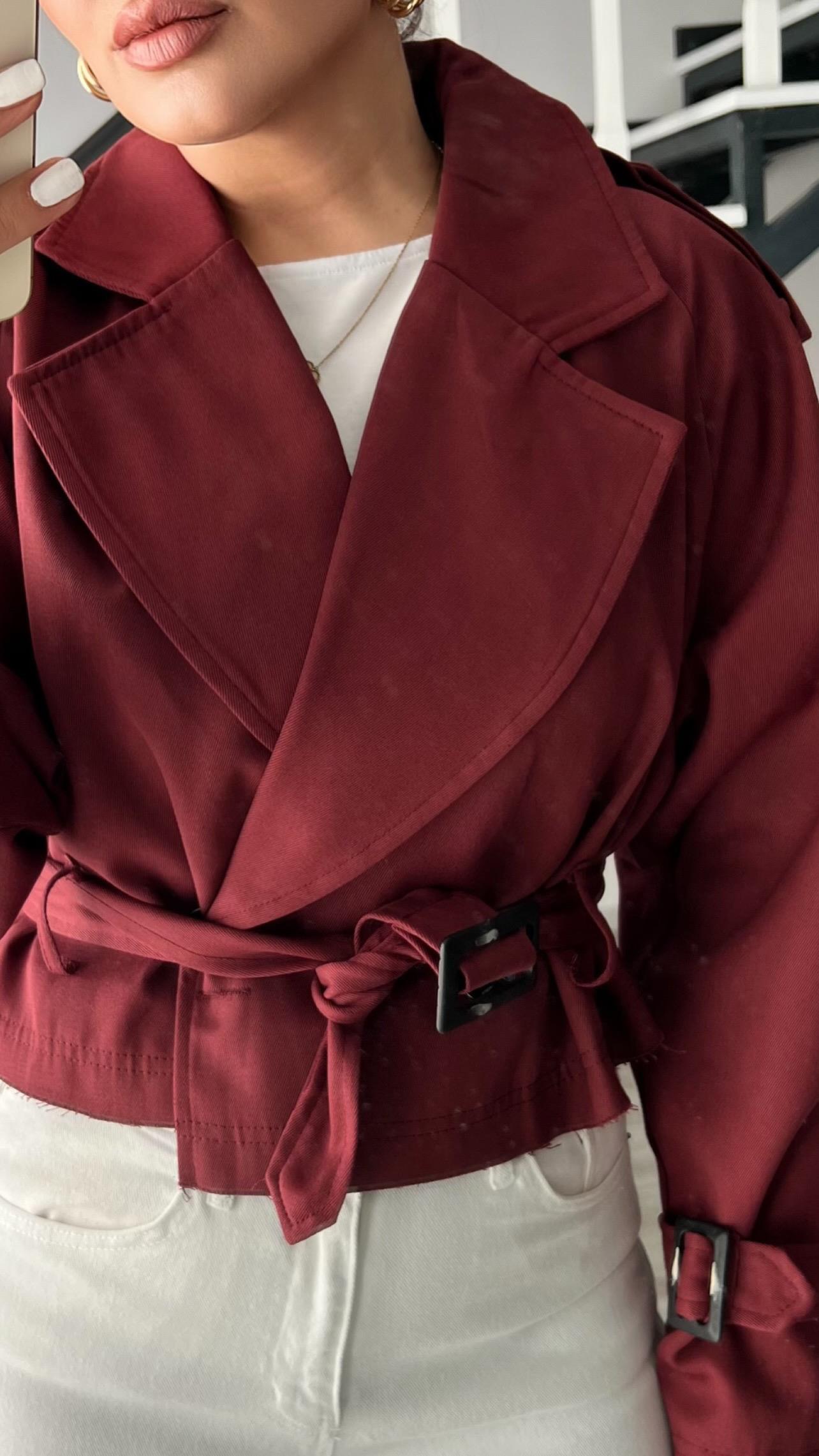 Burgundy Trench Coat with Shoulder Epaulets and Belt