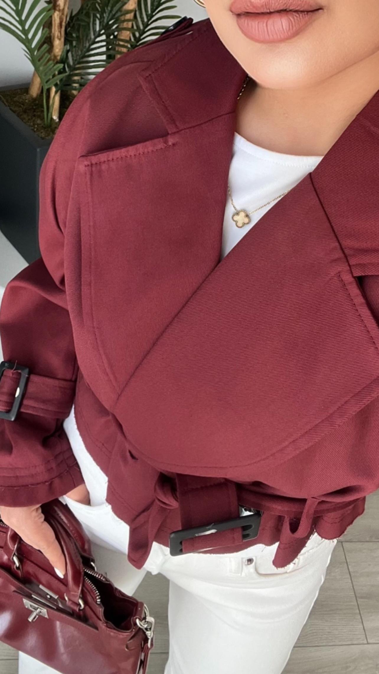 Burgundy Trench Coat with Shoulder Epaulets and Belt