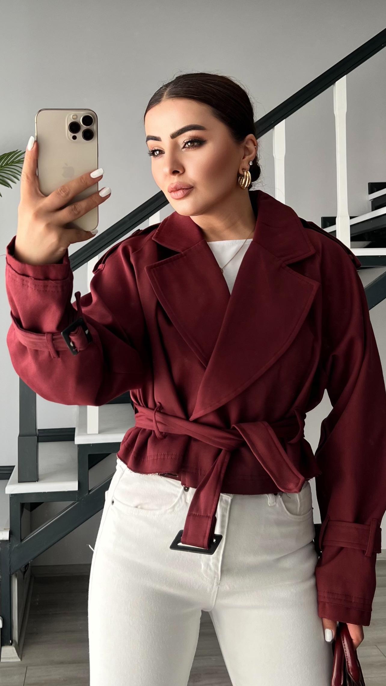 Burgundy Trench Coat with Shoulder Epaulets and Belt
