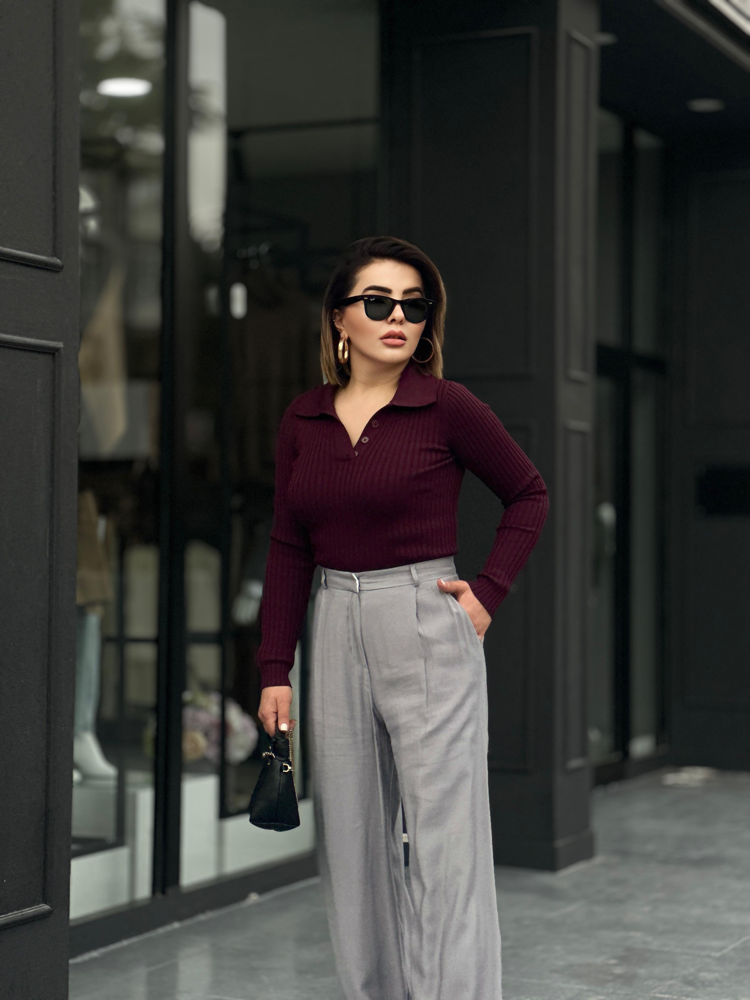 Burgundy Polo Collar Buttoned Ribbed Bodysuit
