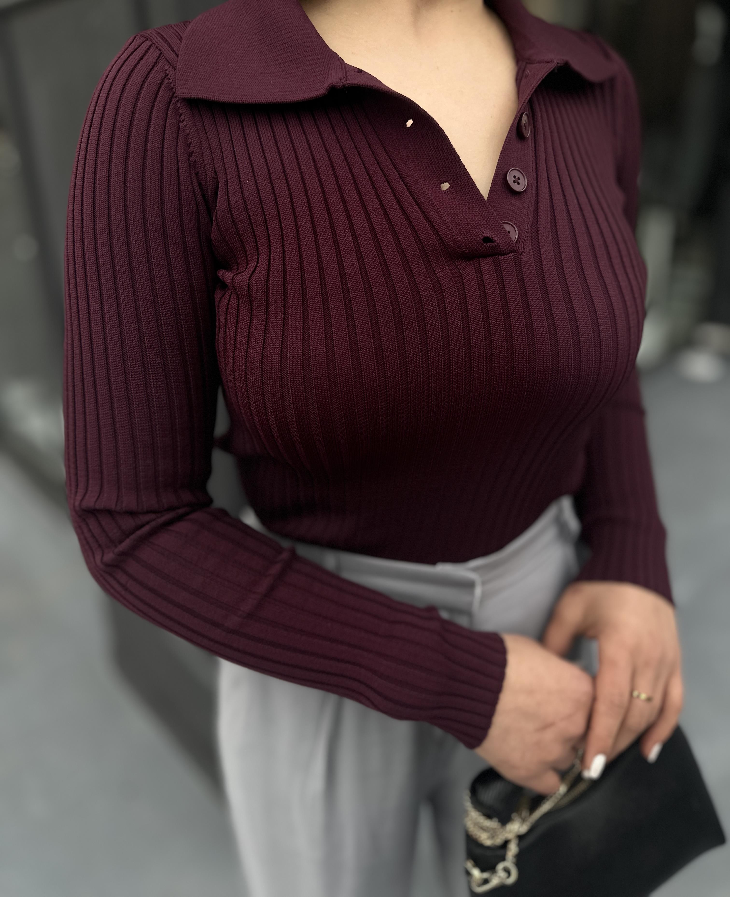 Burgundy Polo Collar Buttoned Ribbed Bodysuit