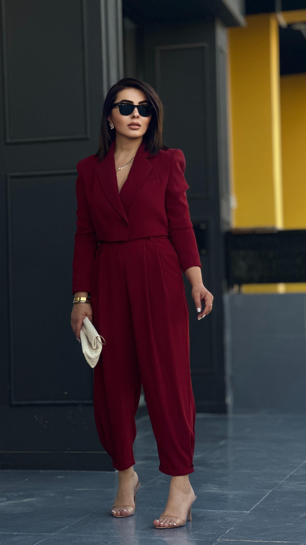 Bordo Premıum Astarlı Düğmeli Crop Ceket