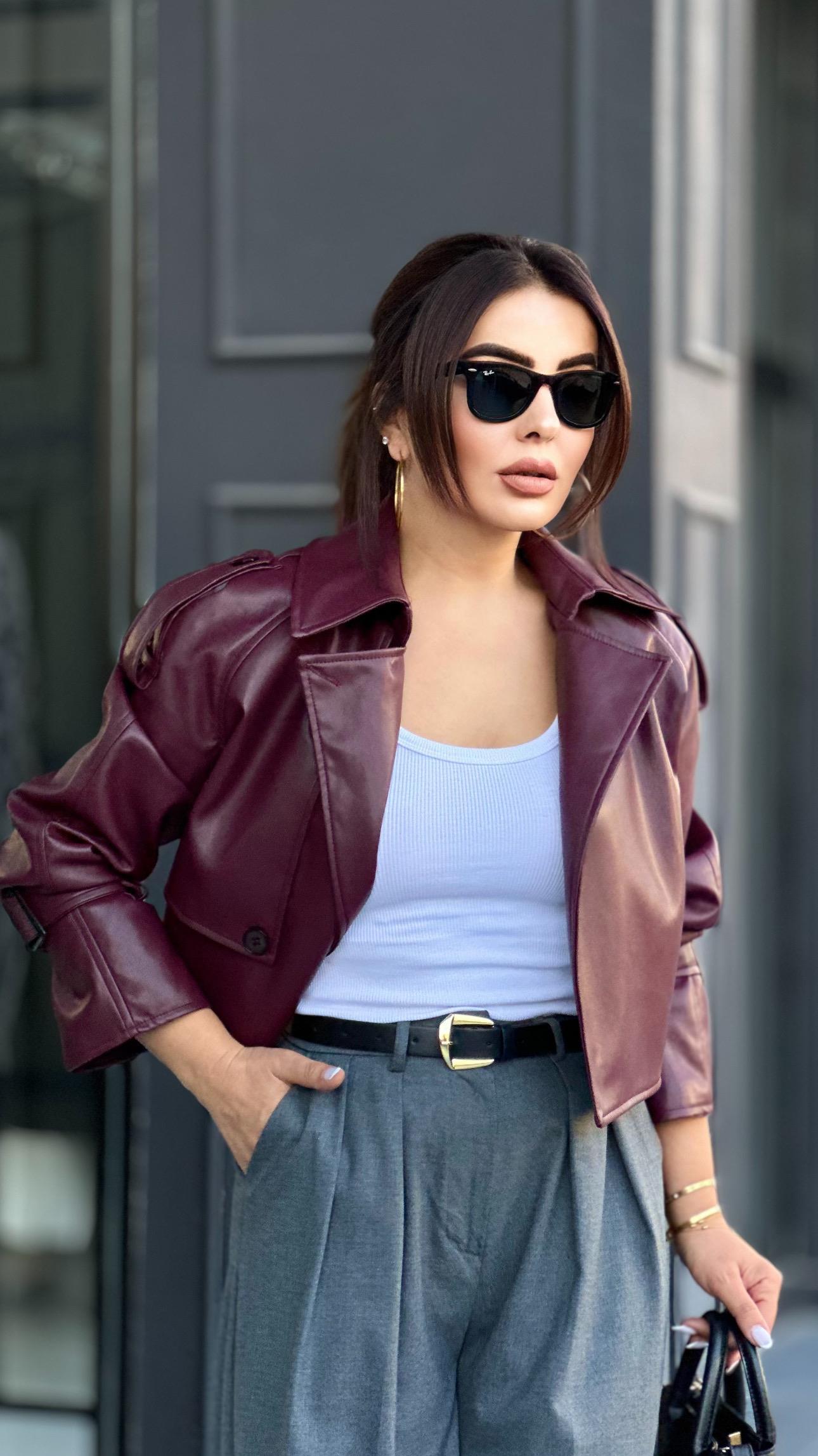 Bordo Premium Düğme Detaylı Apoletli Deri Ceket 