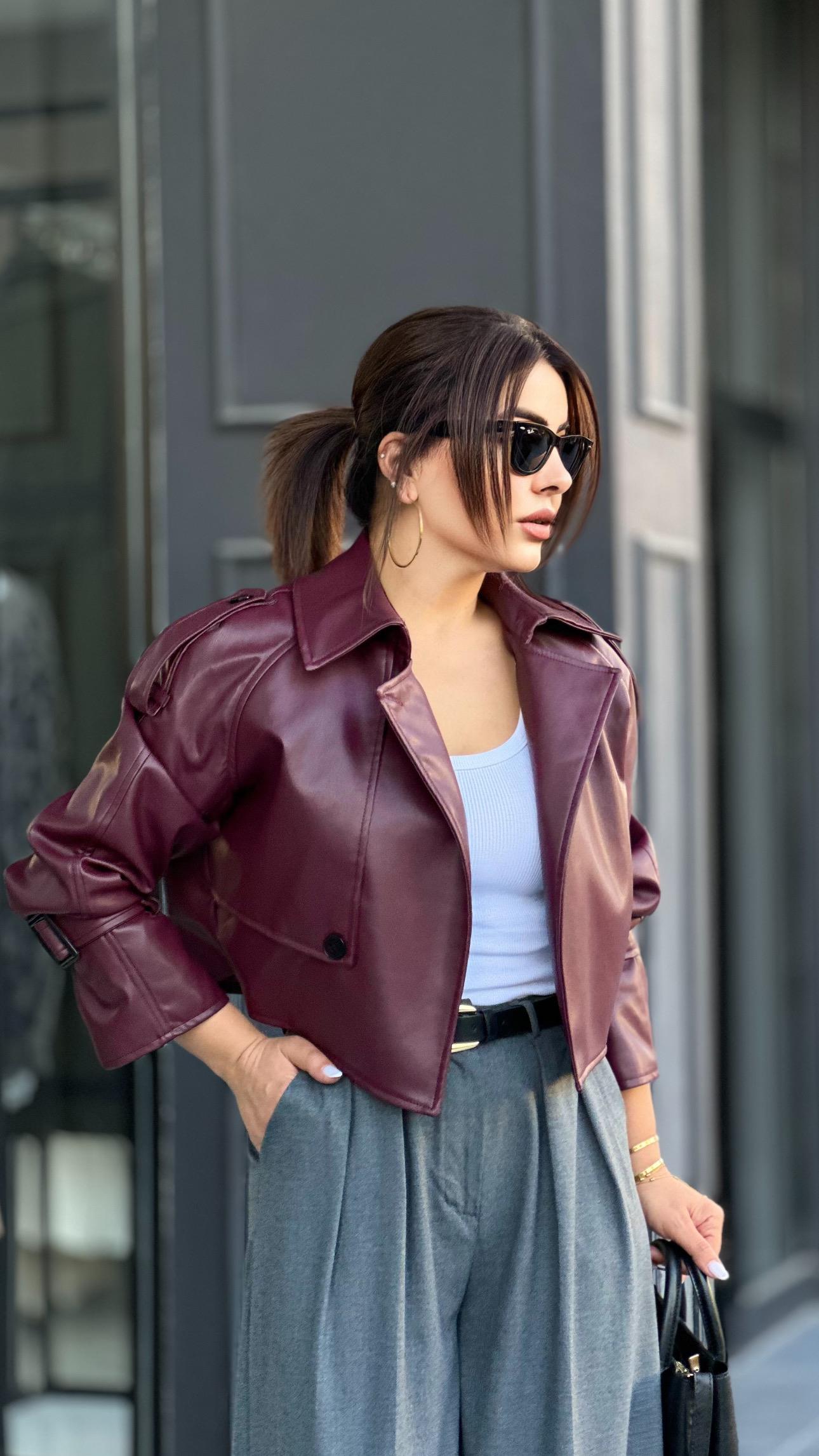 Bordo Premium Düğme Detaylı Apoletli Deri Ceket 