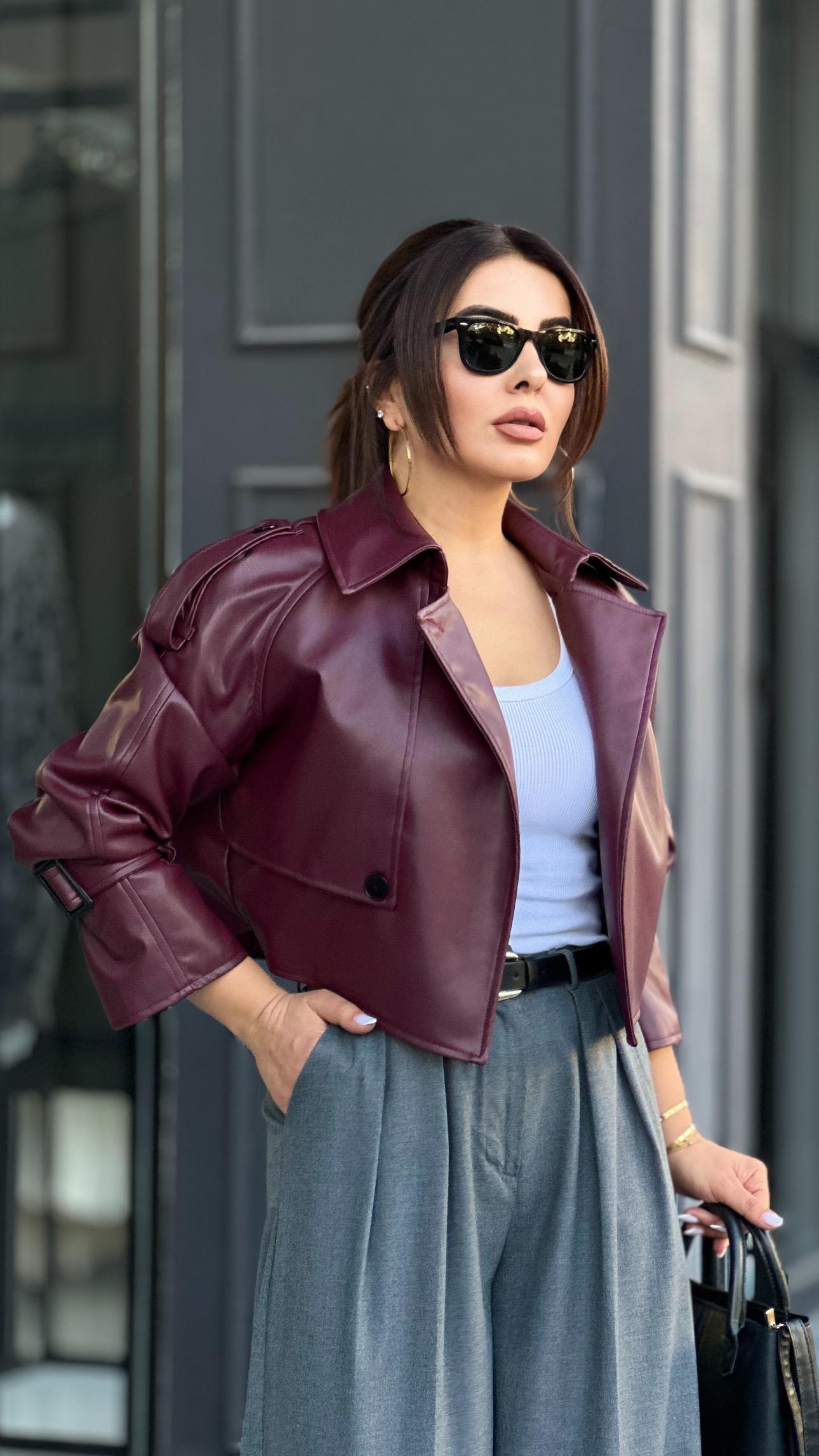 Bordo Premium Düğme Detaylı Apoletli Deri Ceket 