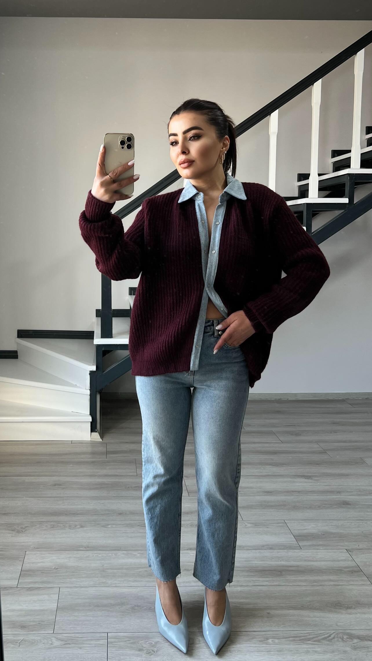 Bordo Premium Yakası Denim Detaylı Çıtçıtlı Hırka