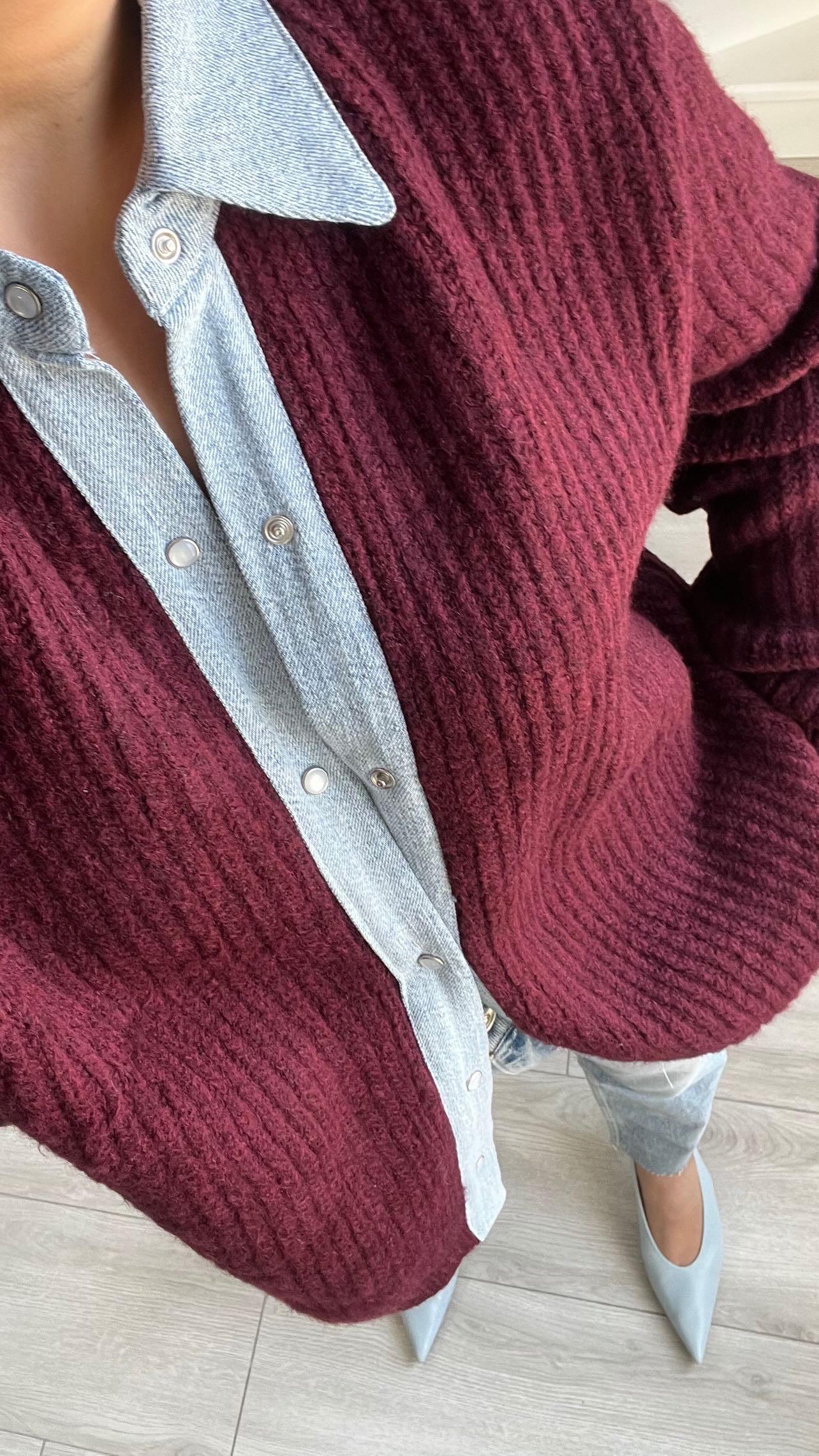 Bordo Premium Yakası Denim Detaylı Çıtçıtlı Hırka