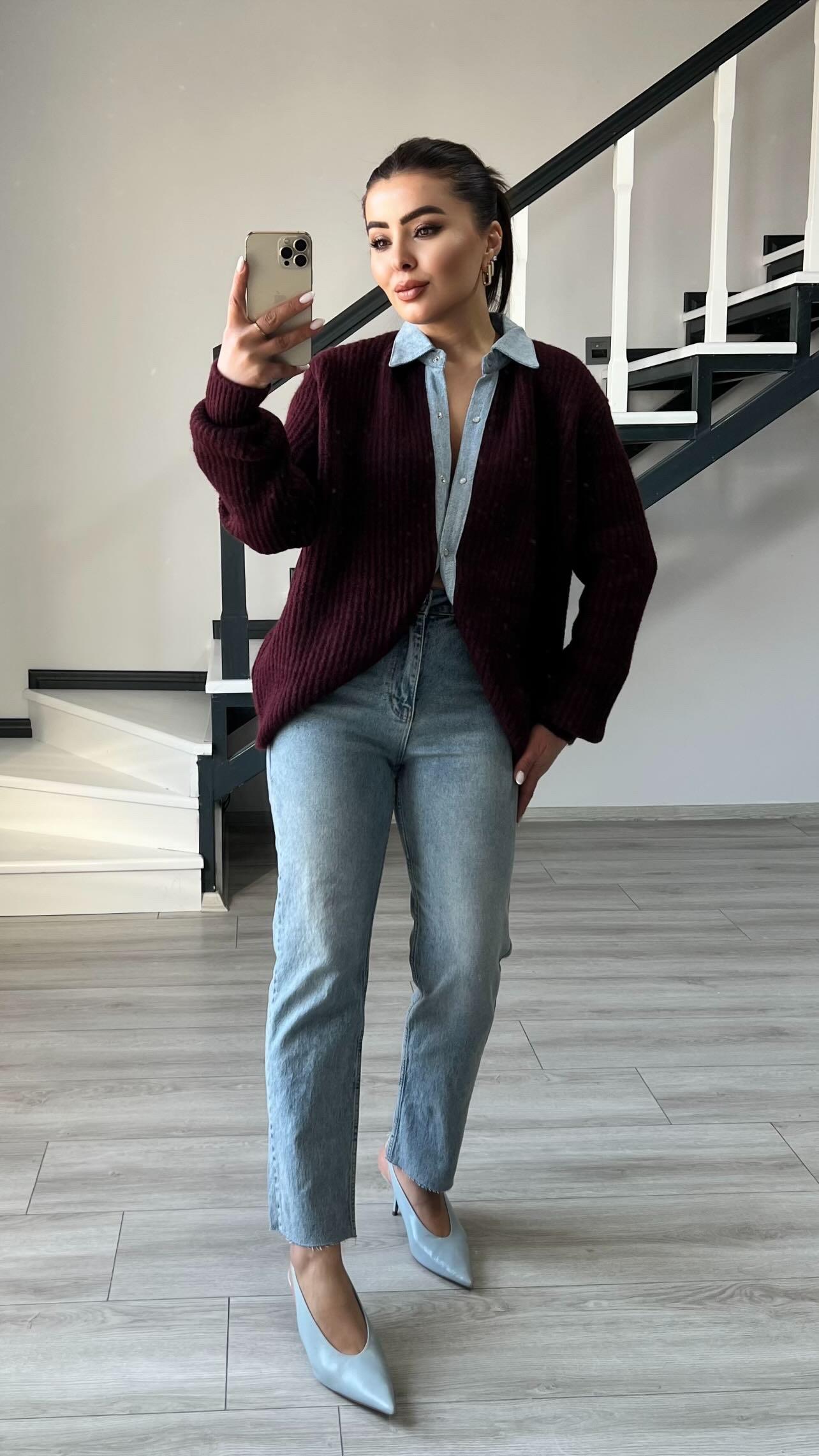 Bordo Premium Yakası Denim Detaylı Çıtçıtlı Hırka
