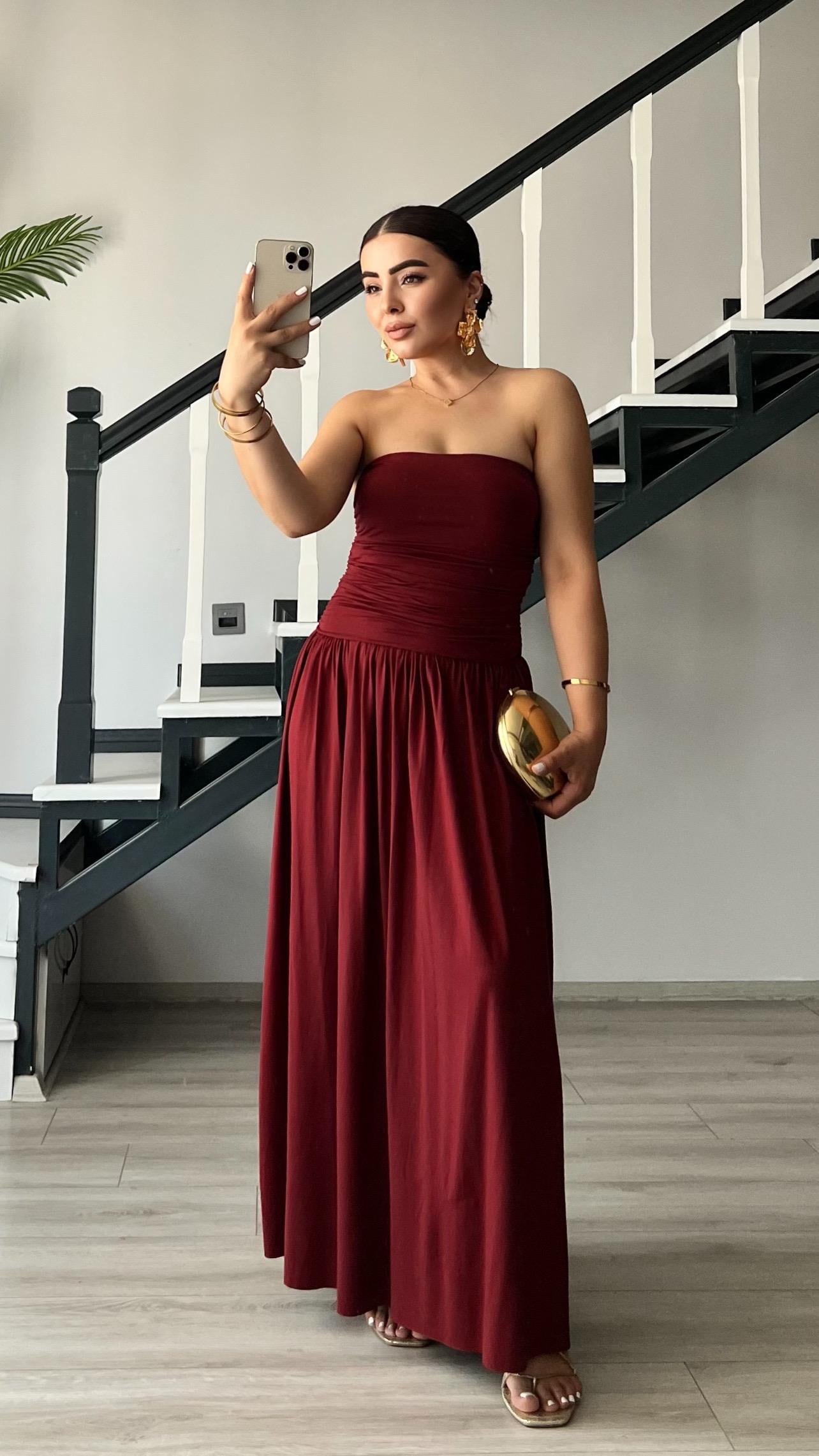 Bordo Straplez Büzgülü Elbise