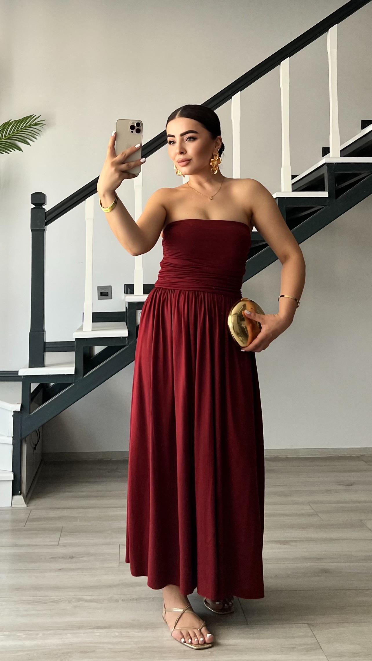 Bordo Straplez Büzgülü Elbise
