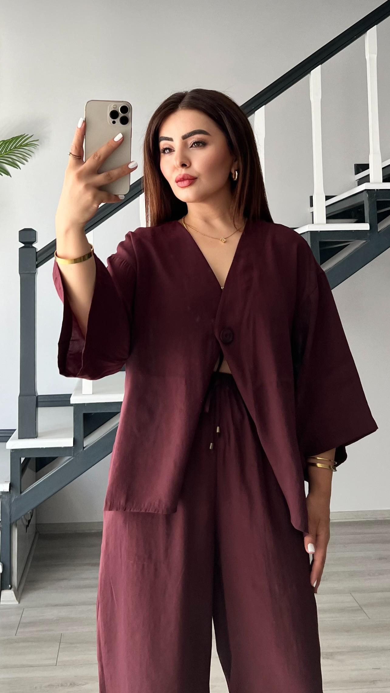 Bordo Tek Düğme Bluz- Pantolon Takım