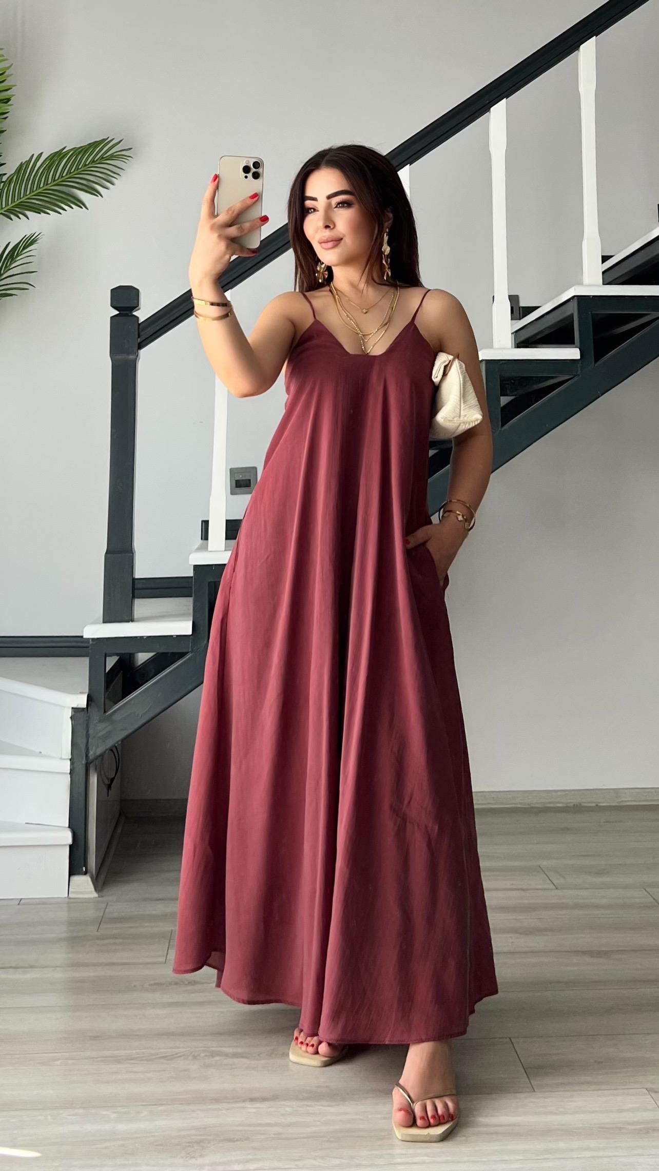 Bordo Tnsel Ayarlanabilir Askılı Cepli Elbise