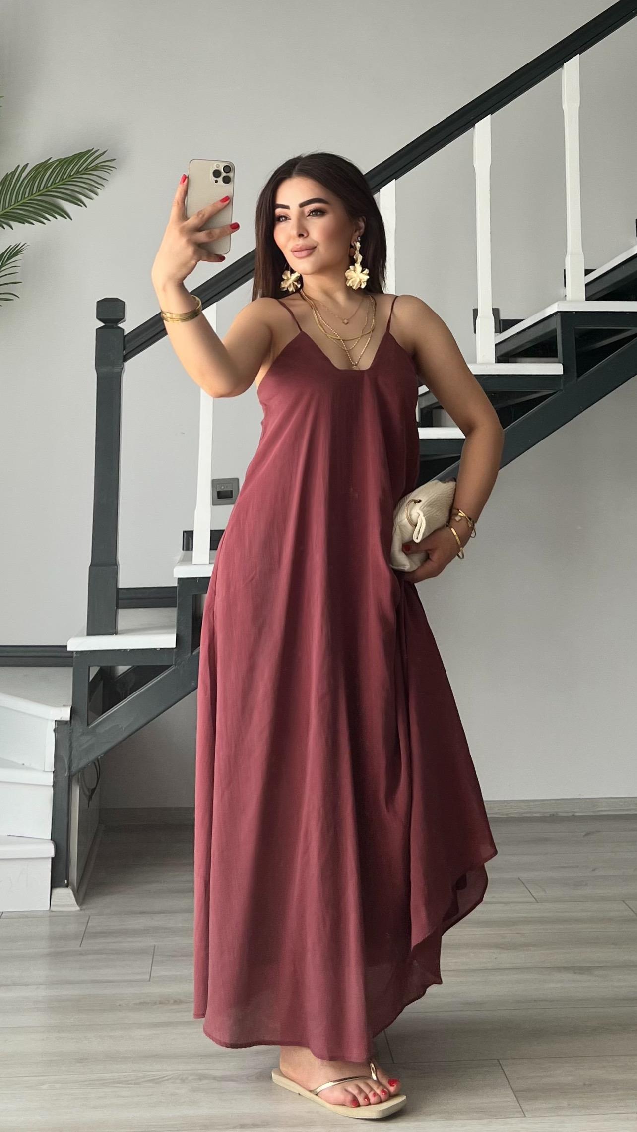 Bordo Tnsel Ayarlanabilir Askılı Cepli Elbise