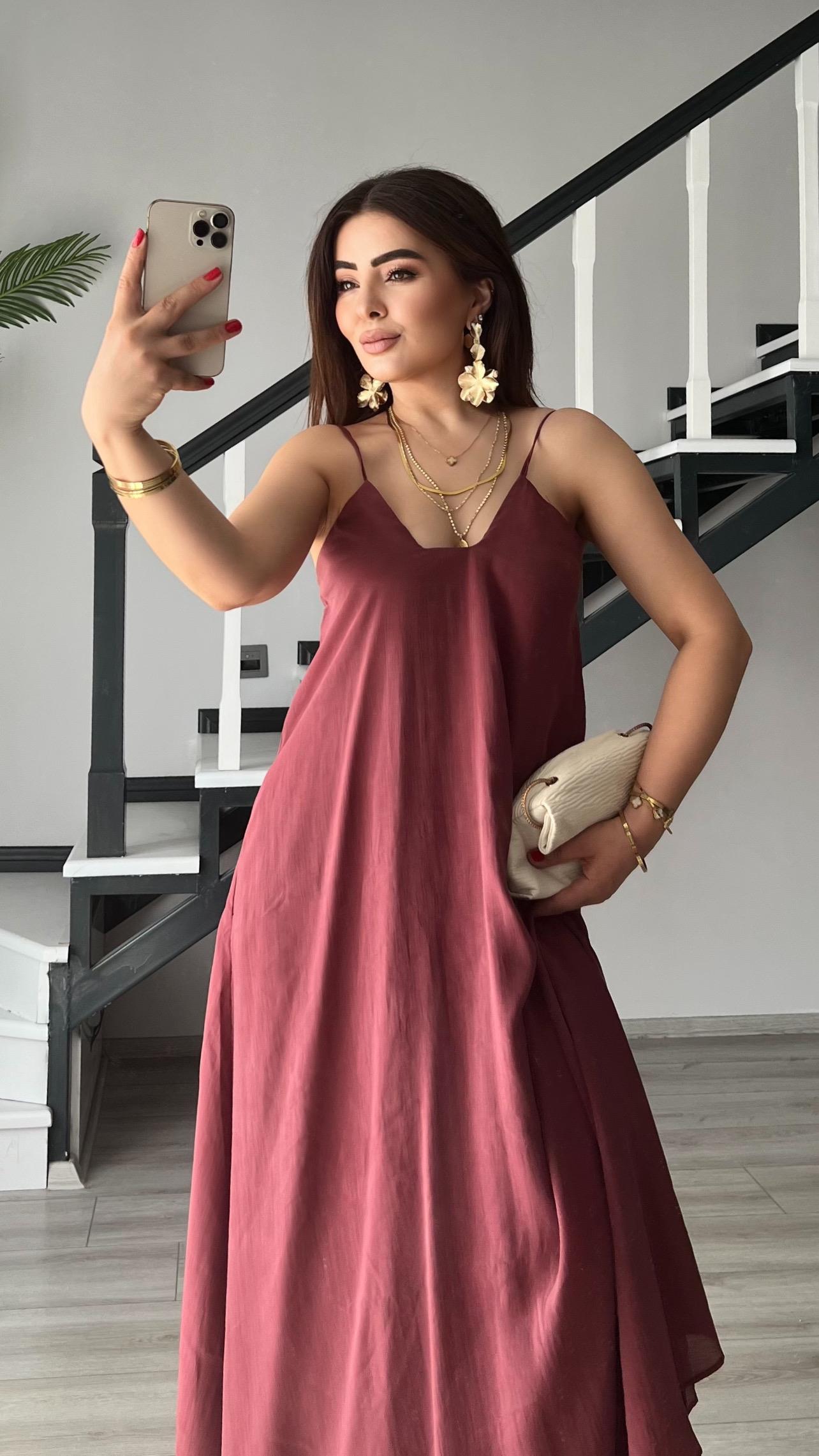 Bordo Tnsel Ayarlanabilir Askılı Cepli Elbise