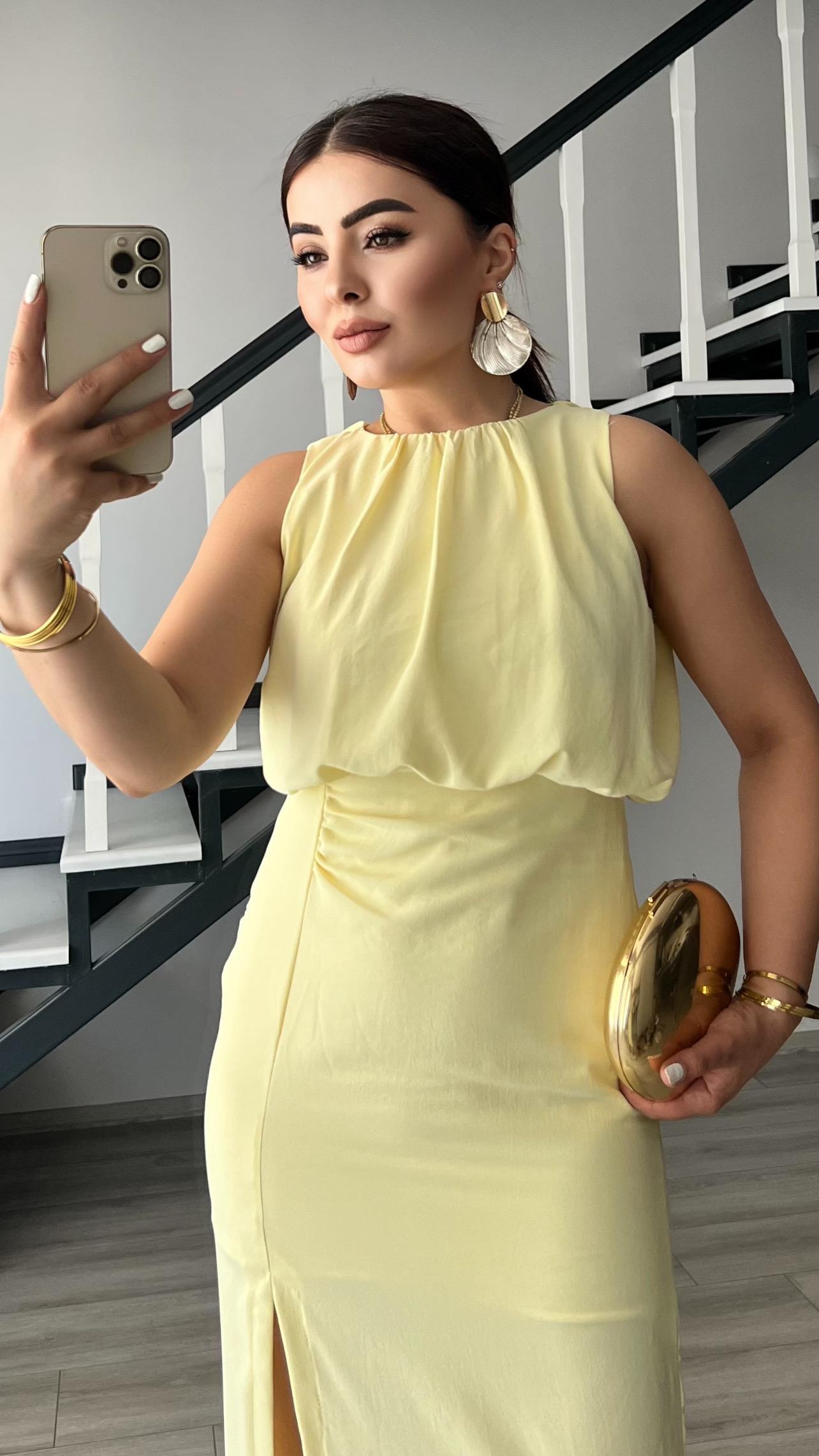 Butter Yellow Front Slit Ruched Dress