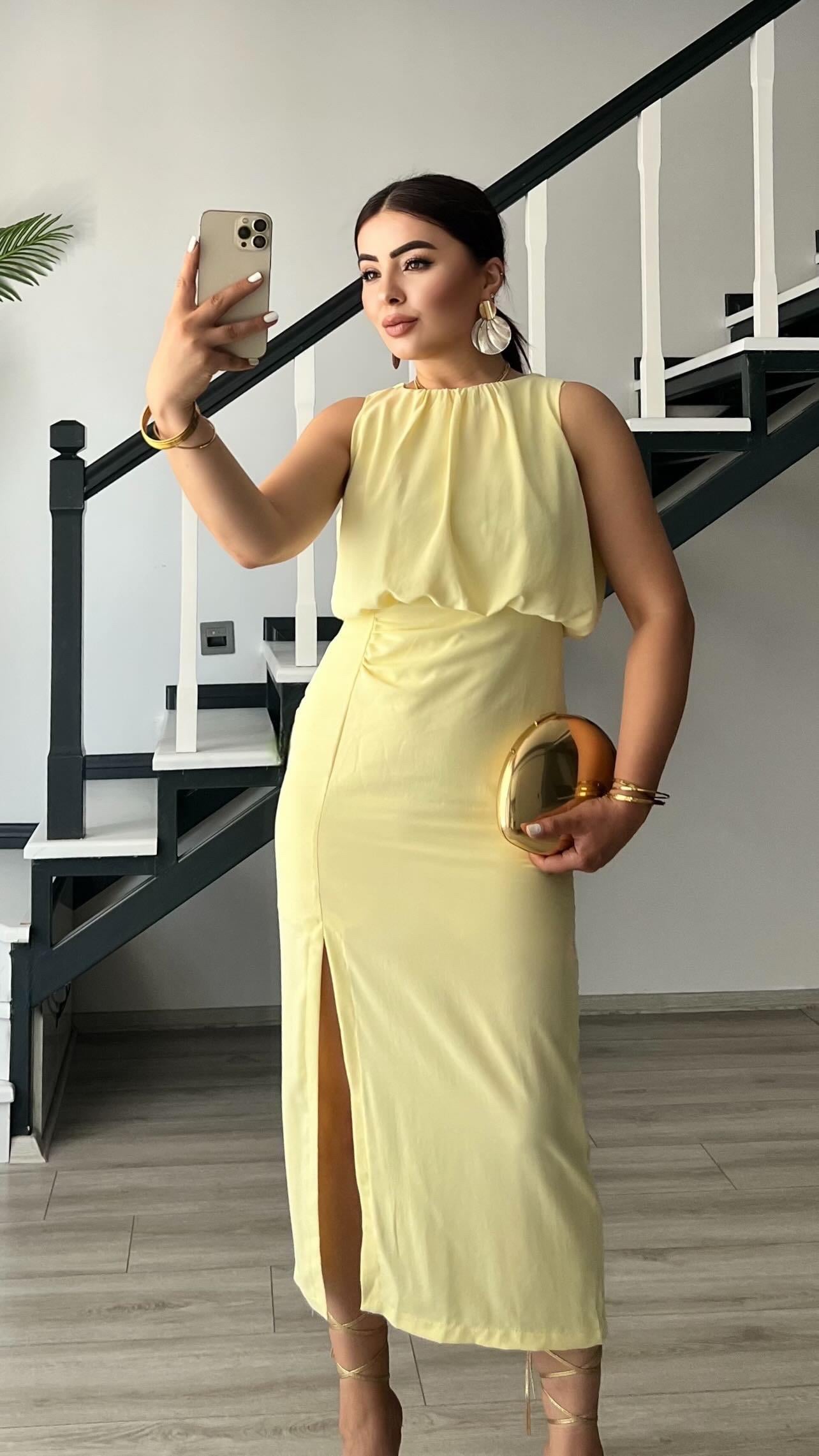 Butter Yellow Front Slit Ruched Dress