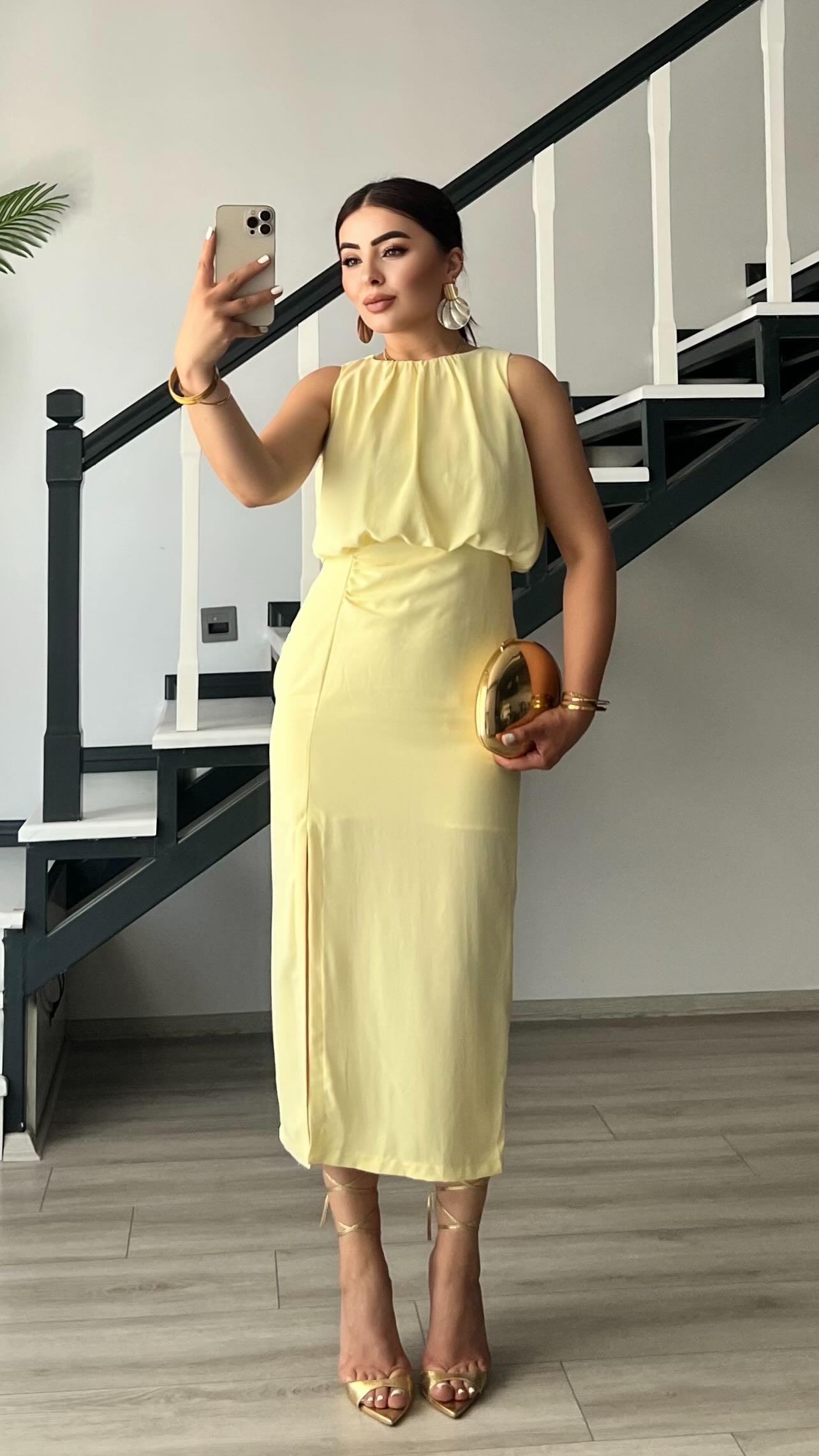 Butter Yellow Front Slit Ruched Dress