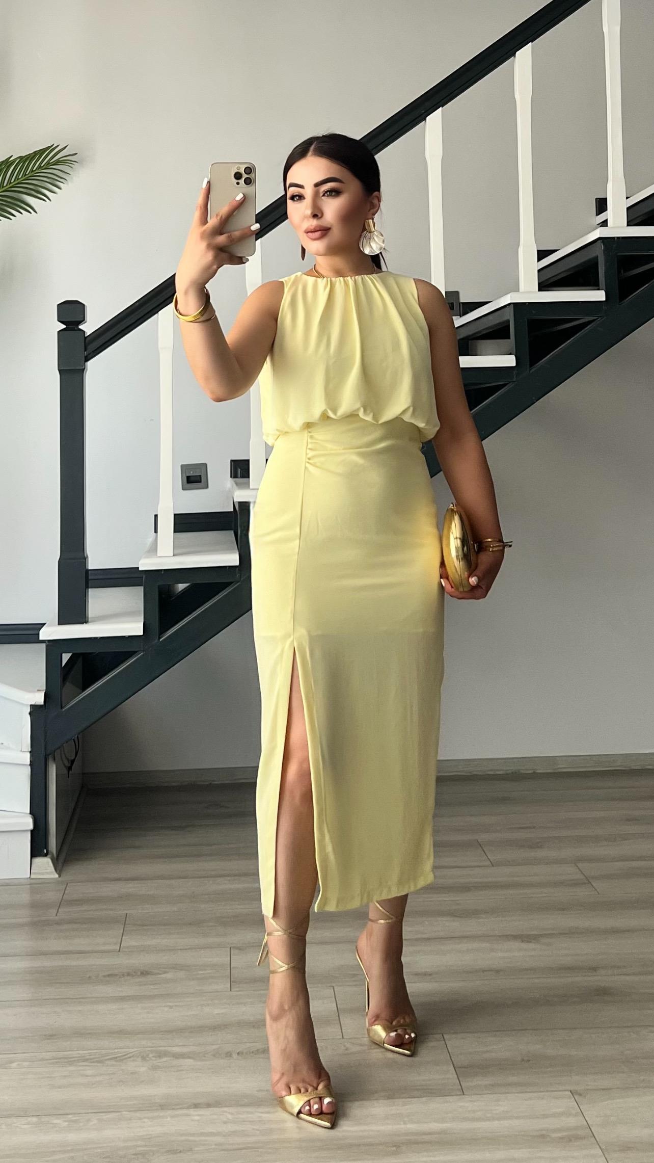 Butter Yellow Front Slit Ruched Dress