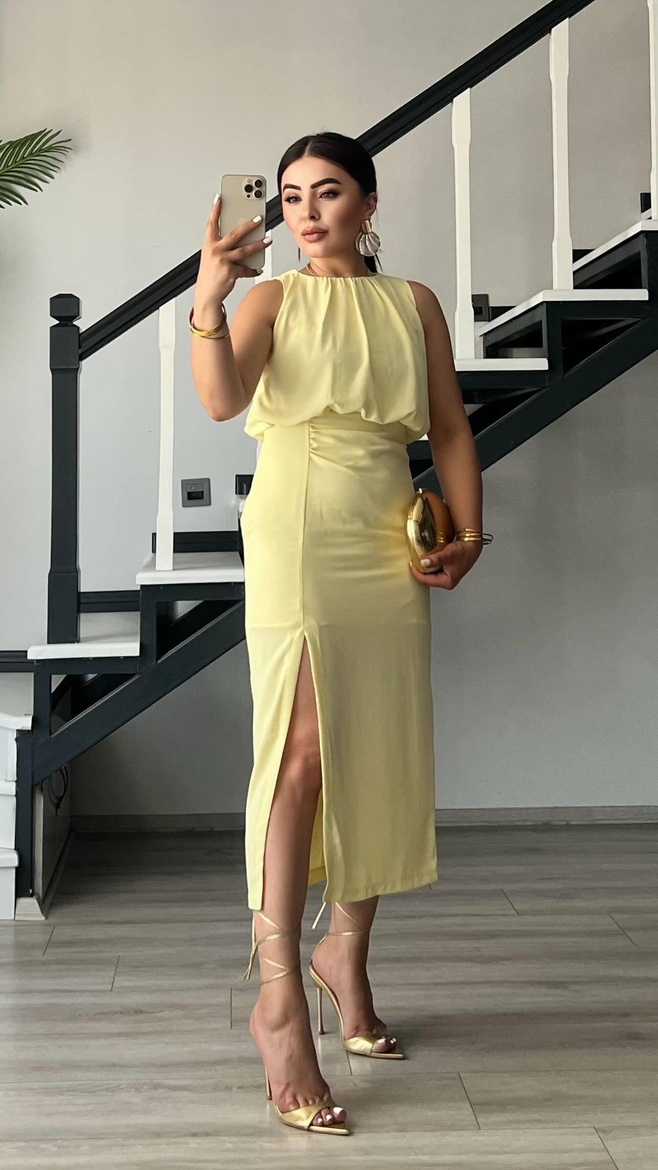 Butter Yellow Front Slit Ruched Dress