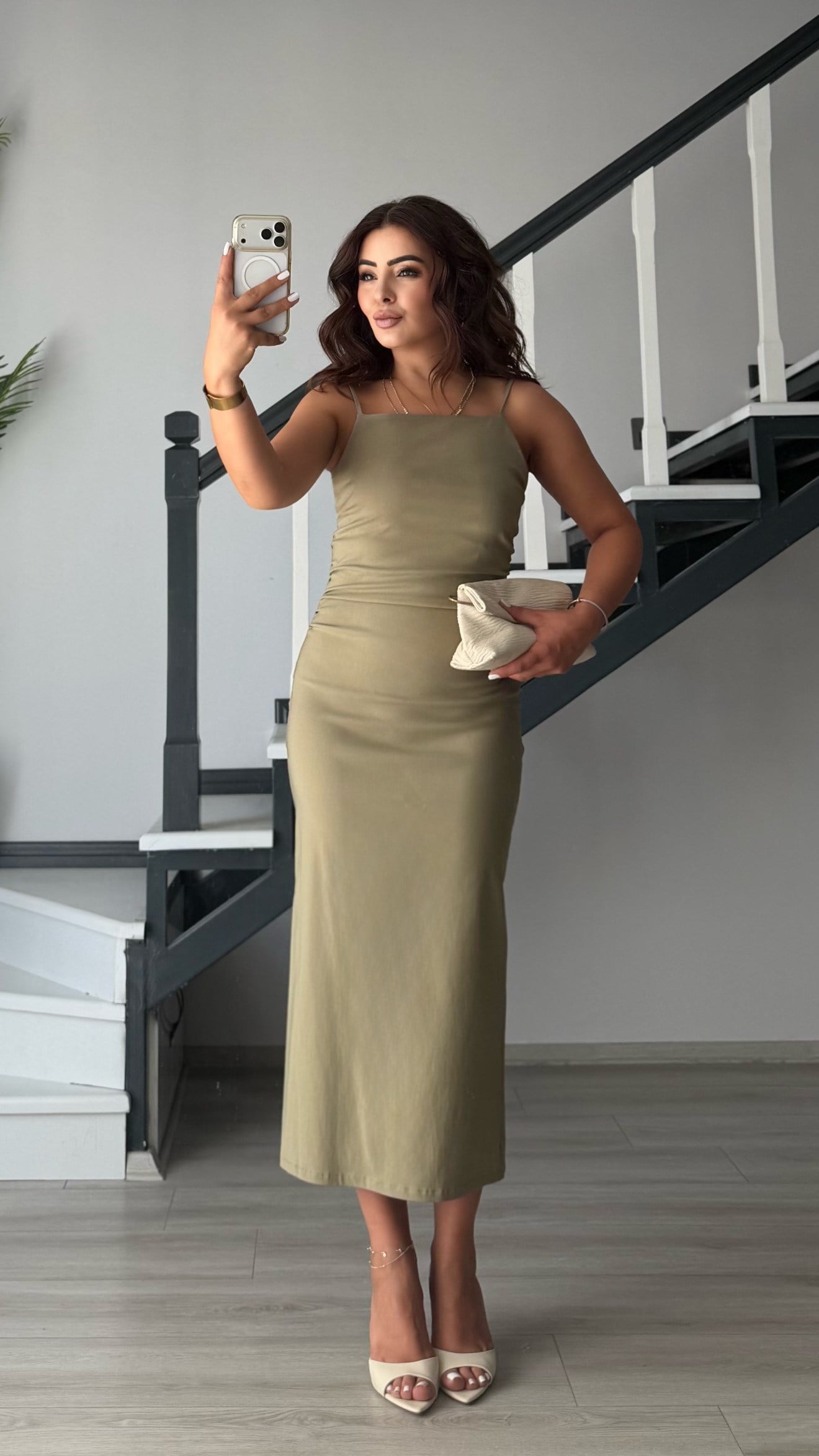 Khaki Green Ruched Midi Dress with Adjustable Straps