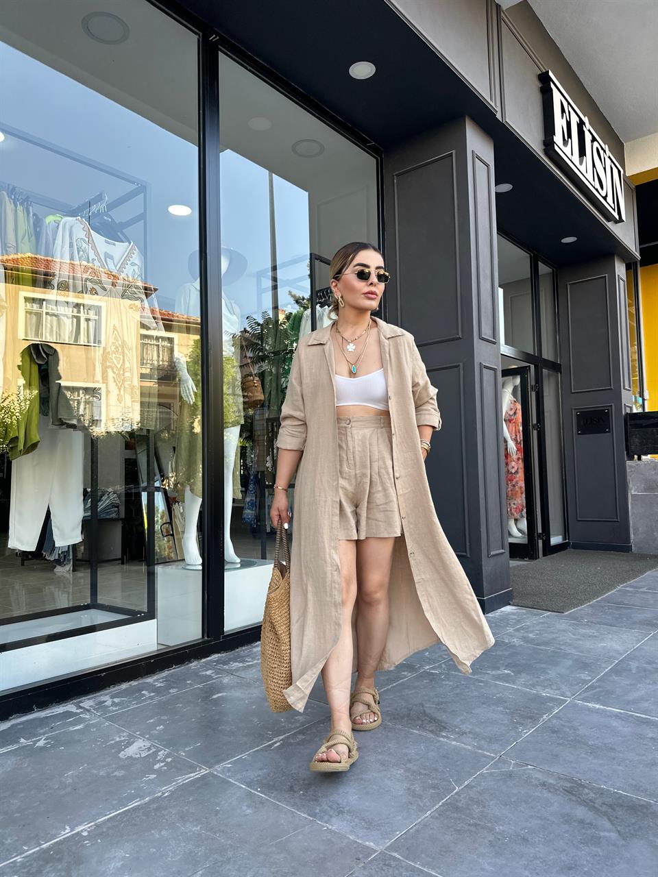Camel %100 Ham Keten Boydan Düğmeli Kimono Elbise