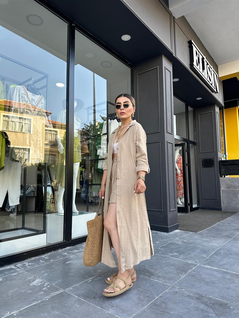 Camel %100 Ham Keten Boydan Düğmeli Kimono Elbise