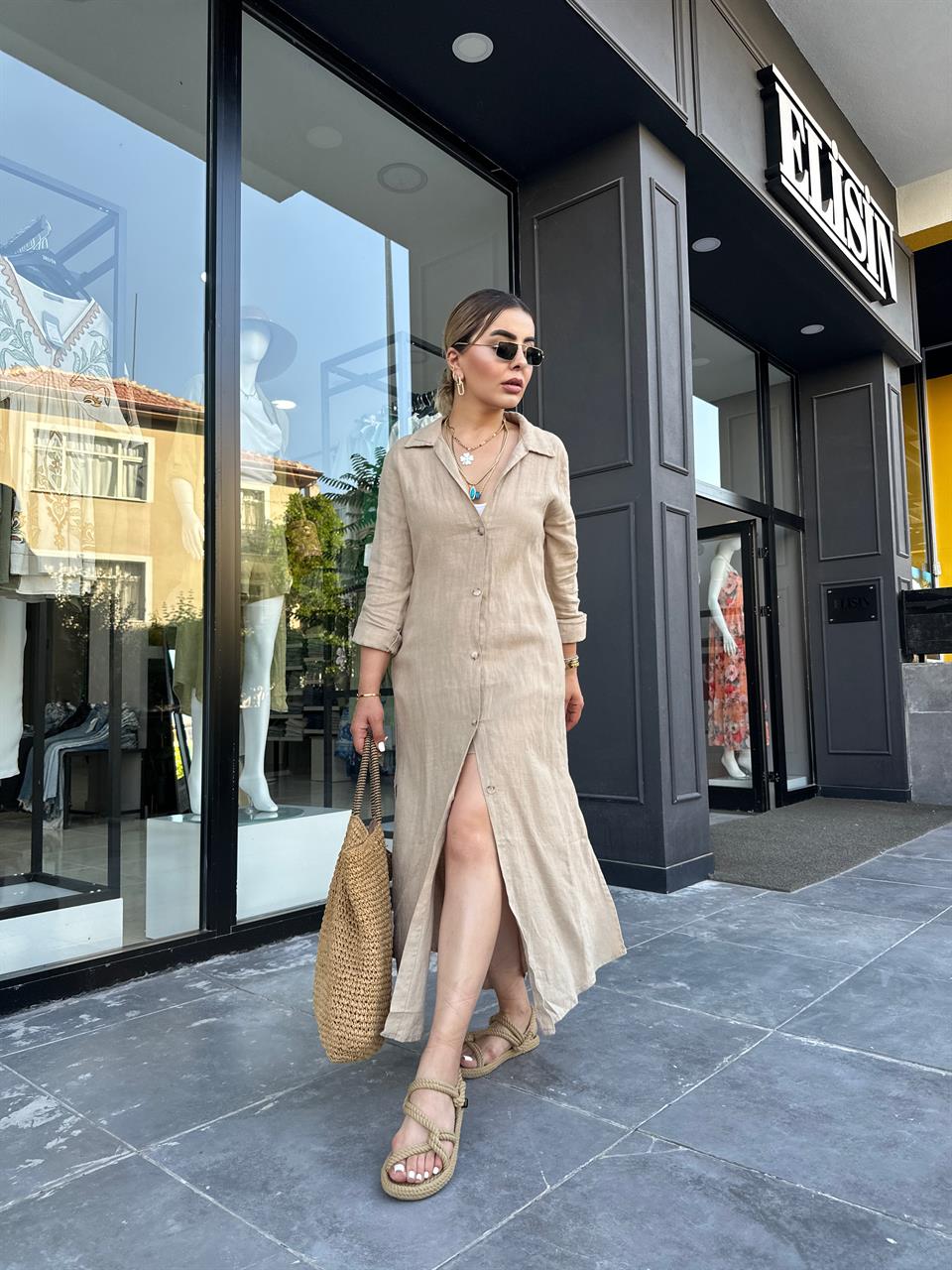 Camel %100 Ham Keten Boydan Düğmeli Kimono Elbise