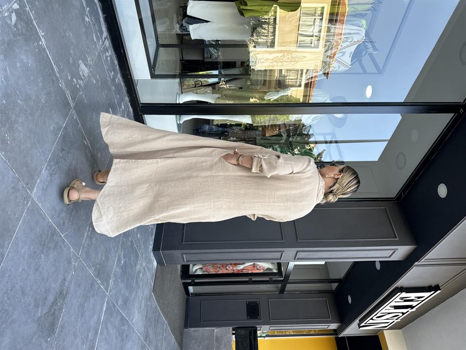 Camel %100 Ham Keten Boydan Düğmeli Kimono Elbise