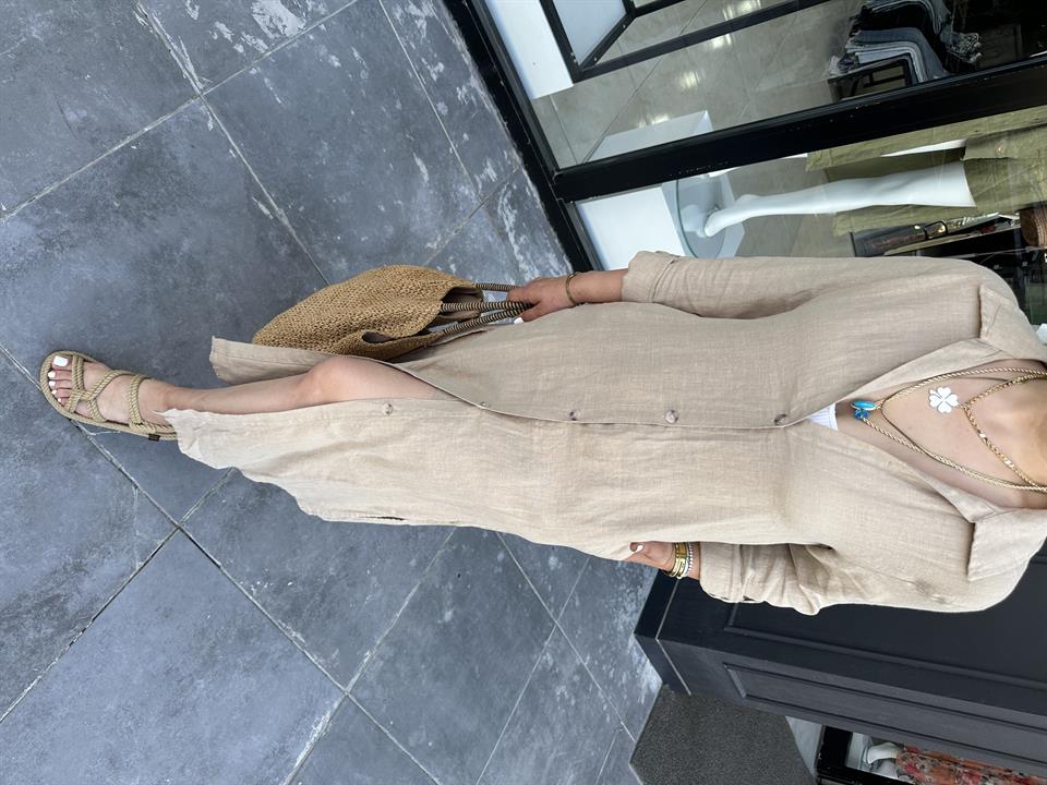 Camel %100 Ham Keten Boydan Düğmeli Kimono Elbise
