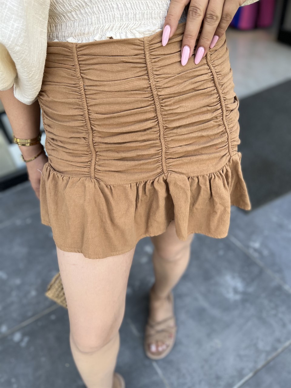 Camel Büzgülü Mini Etek