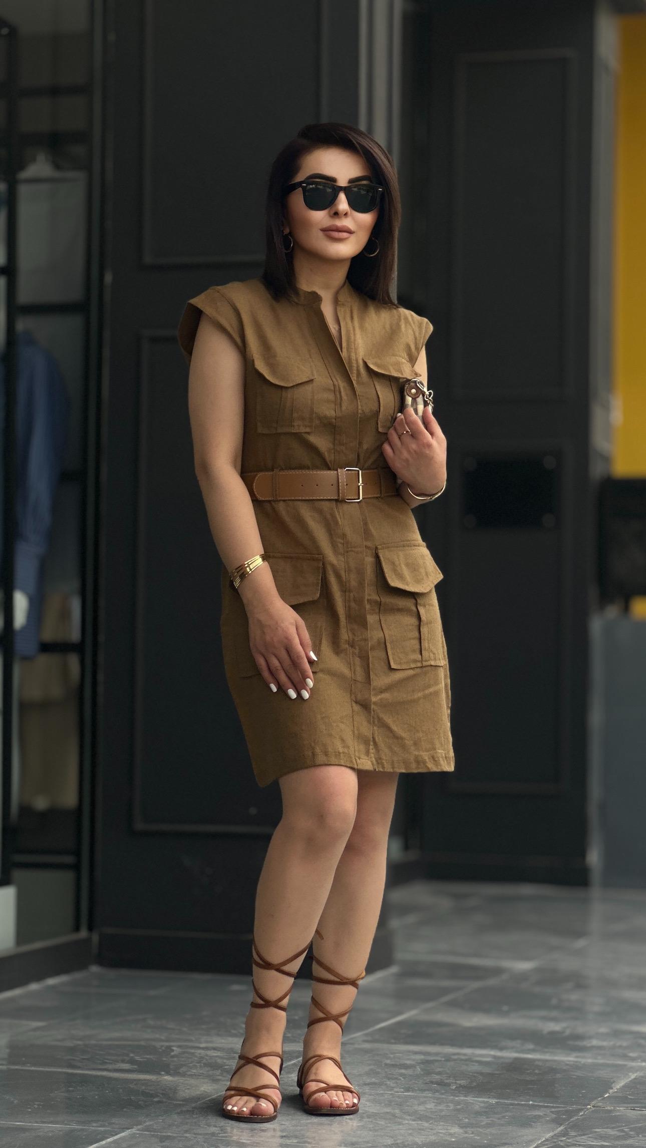 Camel Belt Detail Raw Linen Dress