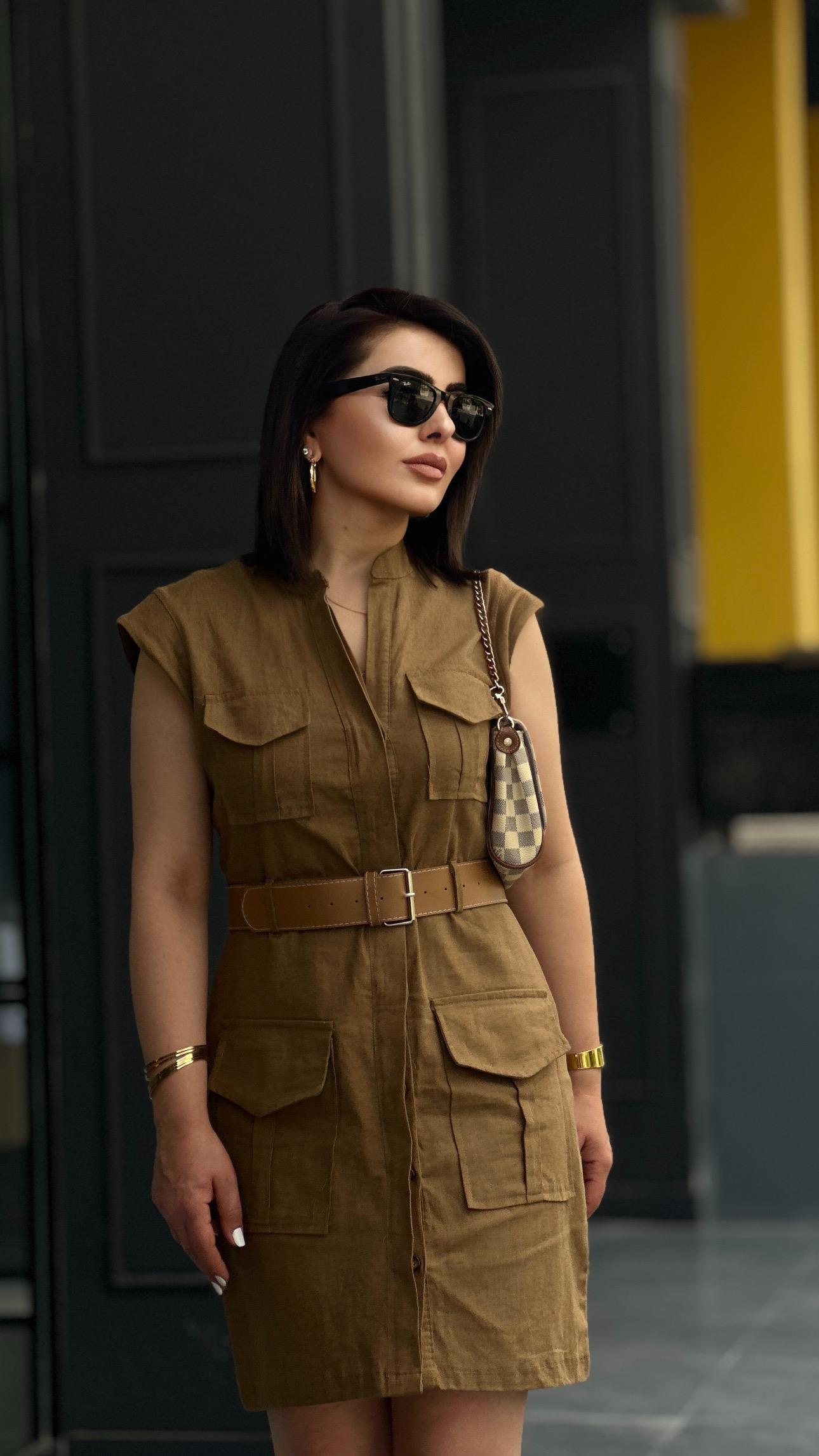 Camel Belt Detail Raw Linen Dress