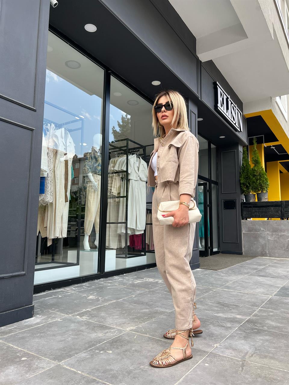 Camel Linen Crop Jacket and Pants 2-Piece Set