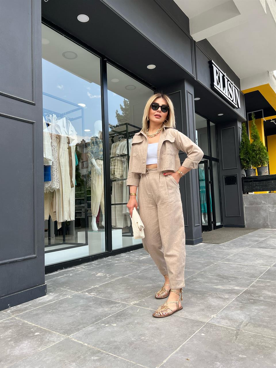 Camel Linen Crop Jacket and Pants 2-Piece Set