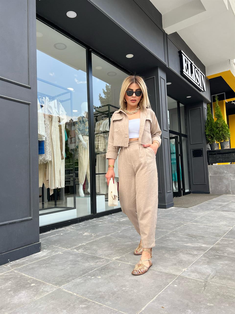 Camel Linen Crop Jacket and Pants 2-Piece Set