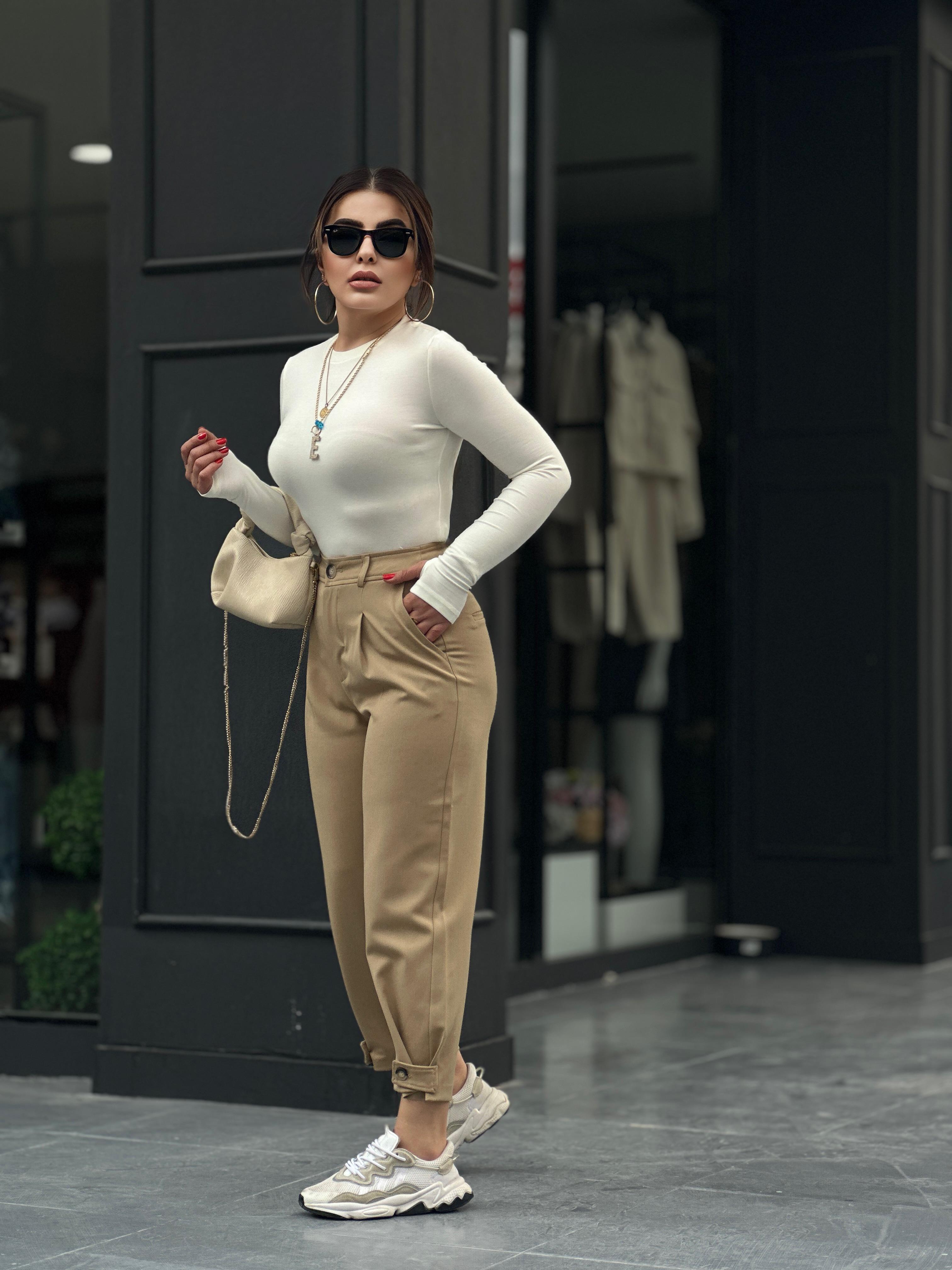 Camel Leg Button Detail Trousers
