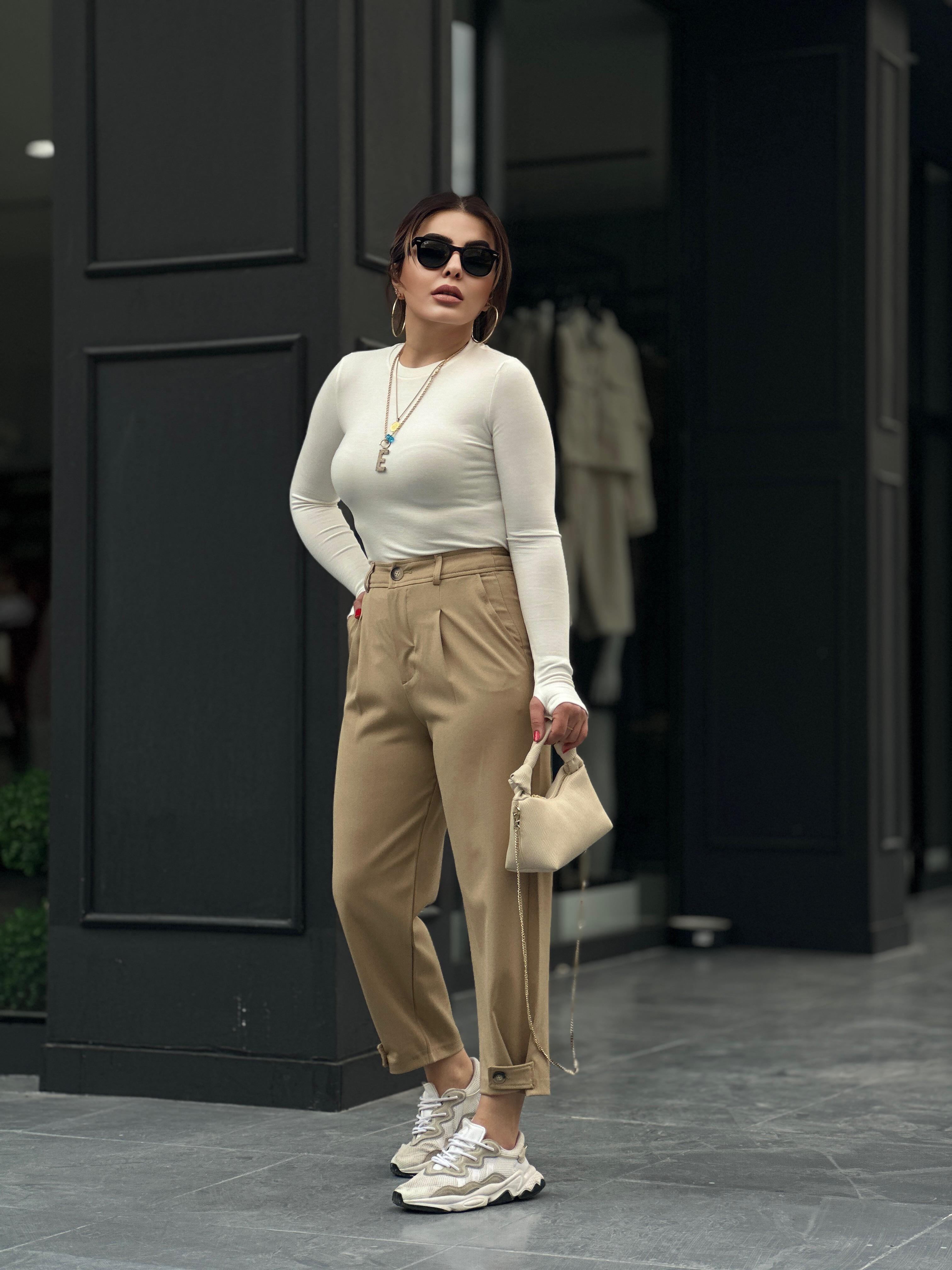Camel Leg Button Detail Trousers