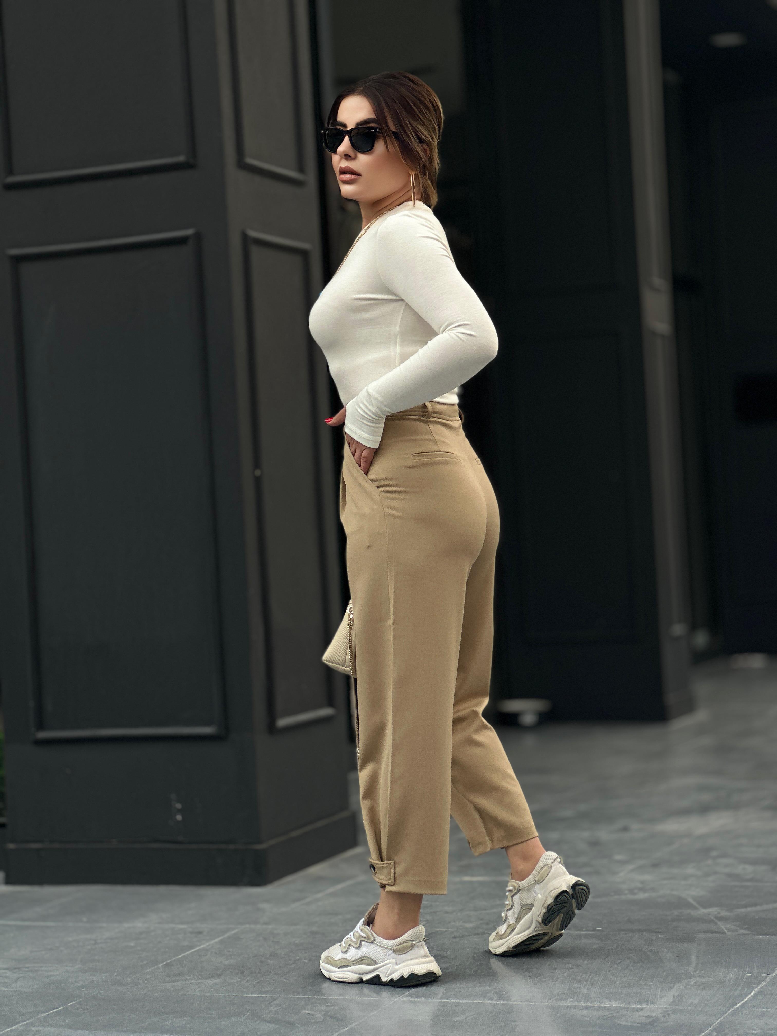 Camel Leg Button Detail Trousers