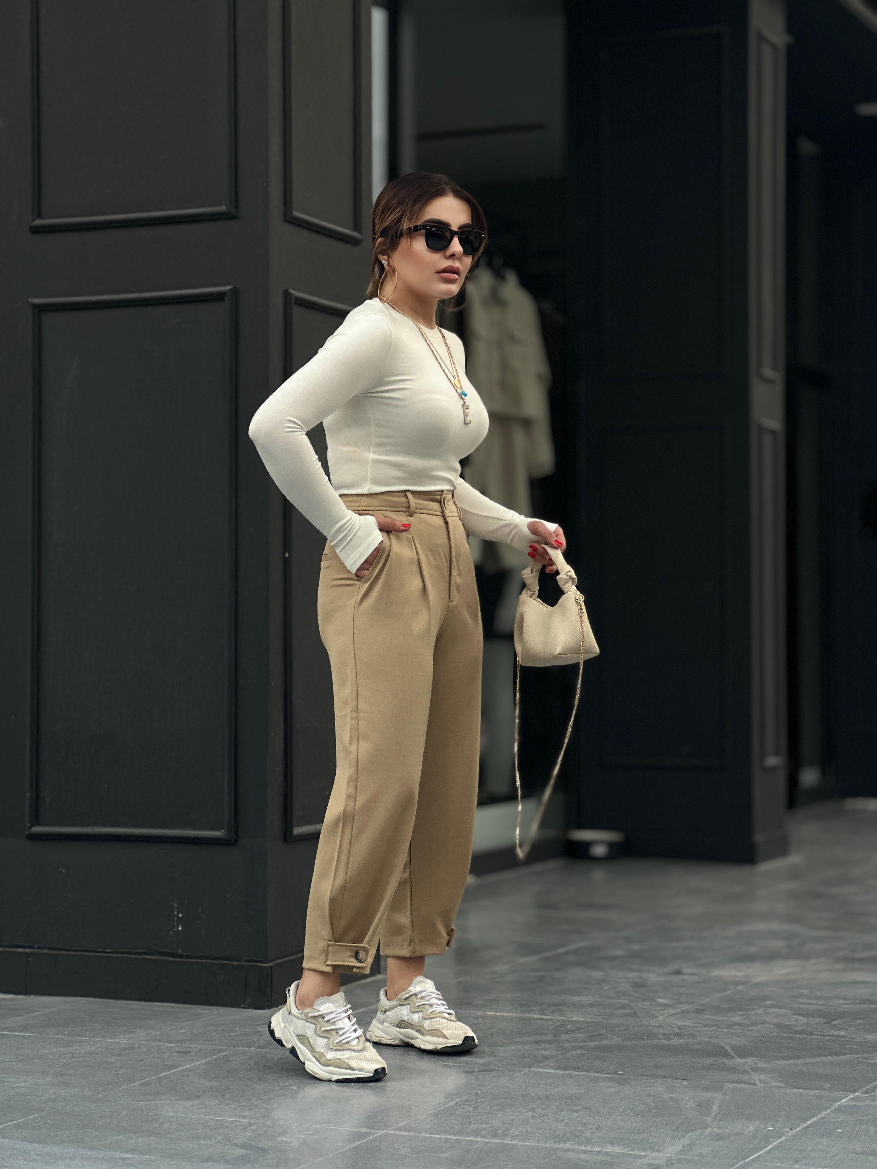 Camel Leg Button Detail Trousers