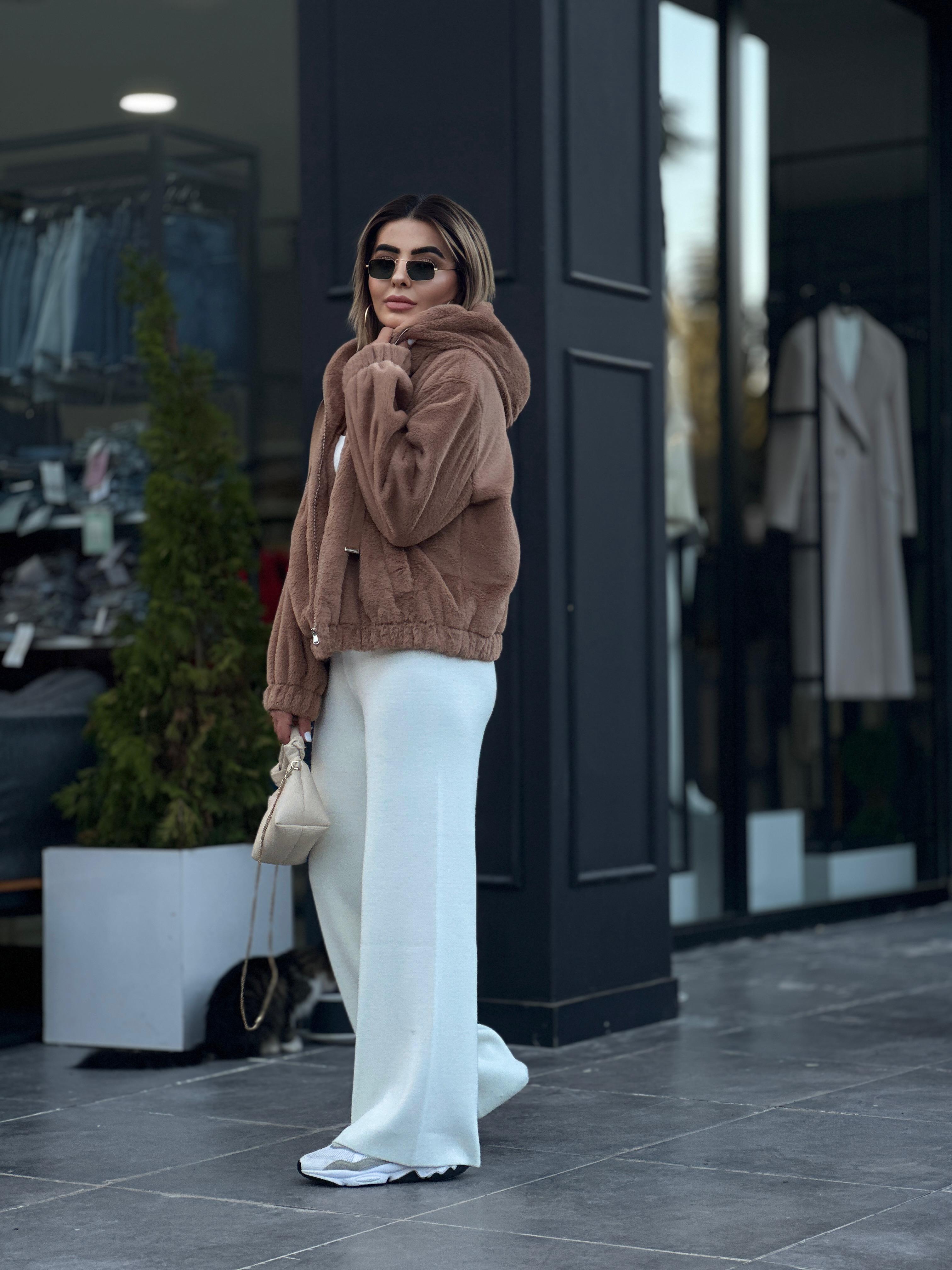 Camel Peluş Kapüşonlu Mont
