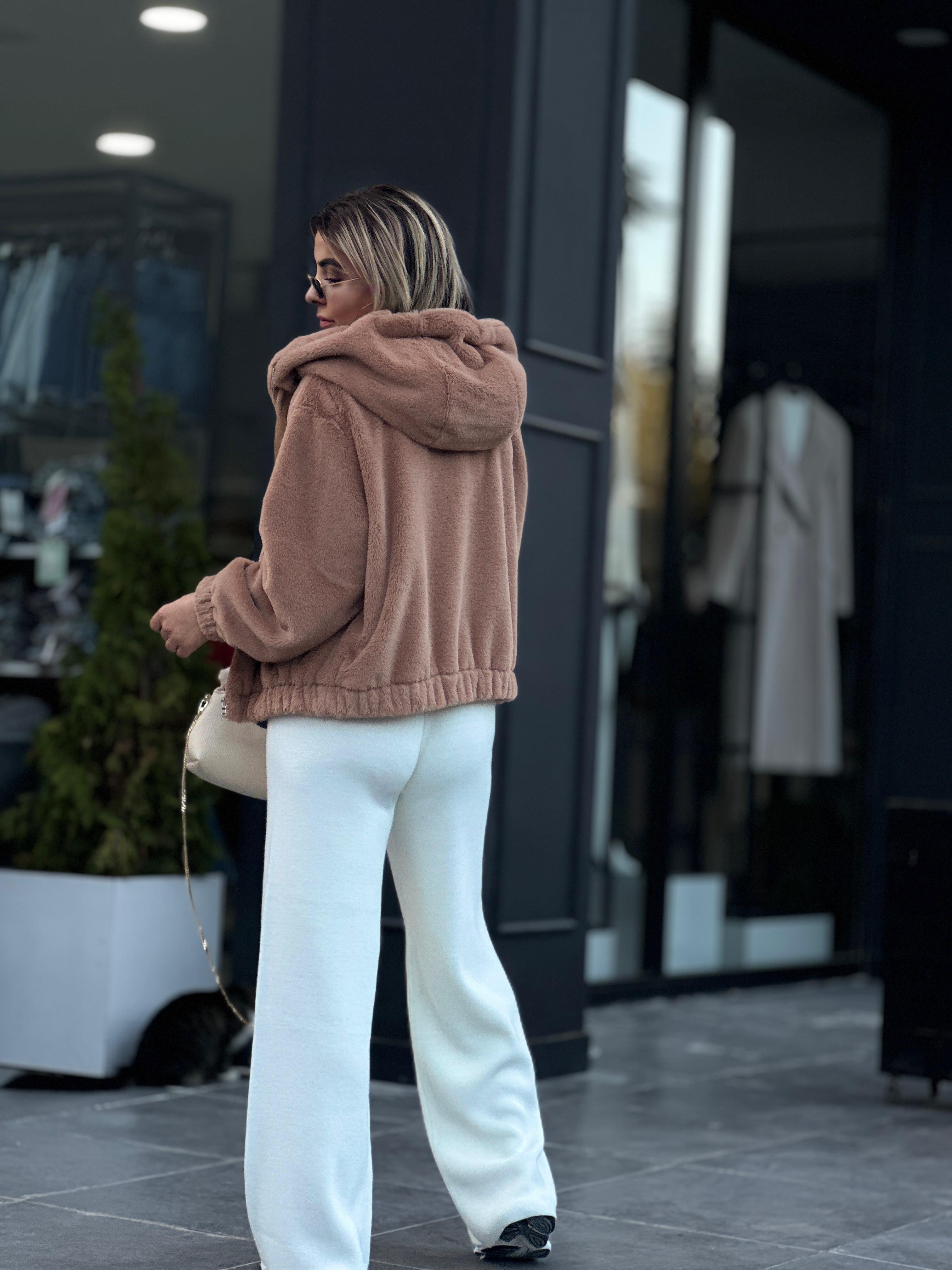 Camel Peluş Kapüşonlu Mont