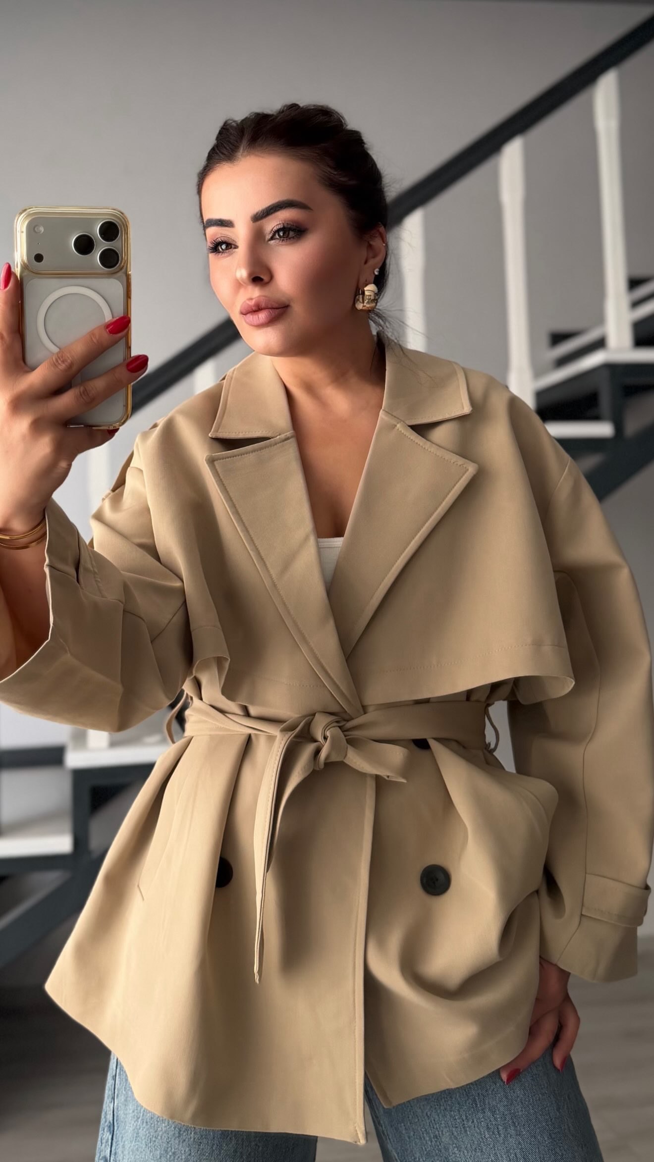 Camel Premium Belted Oversized Trench Coat