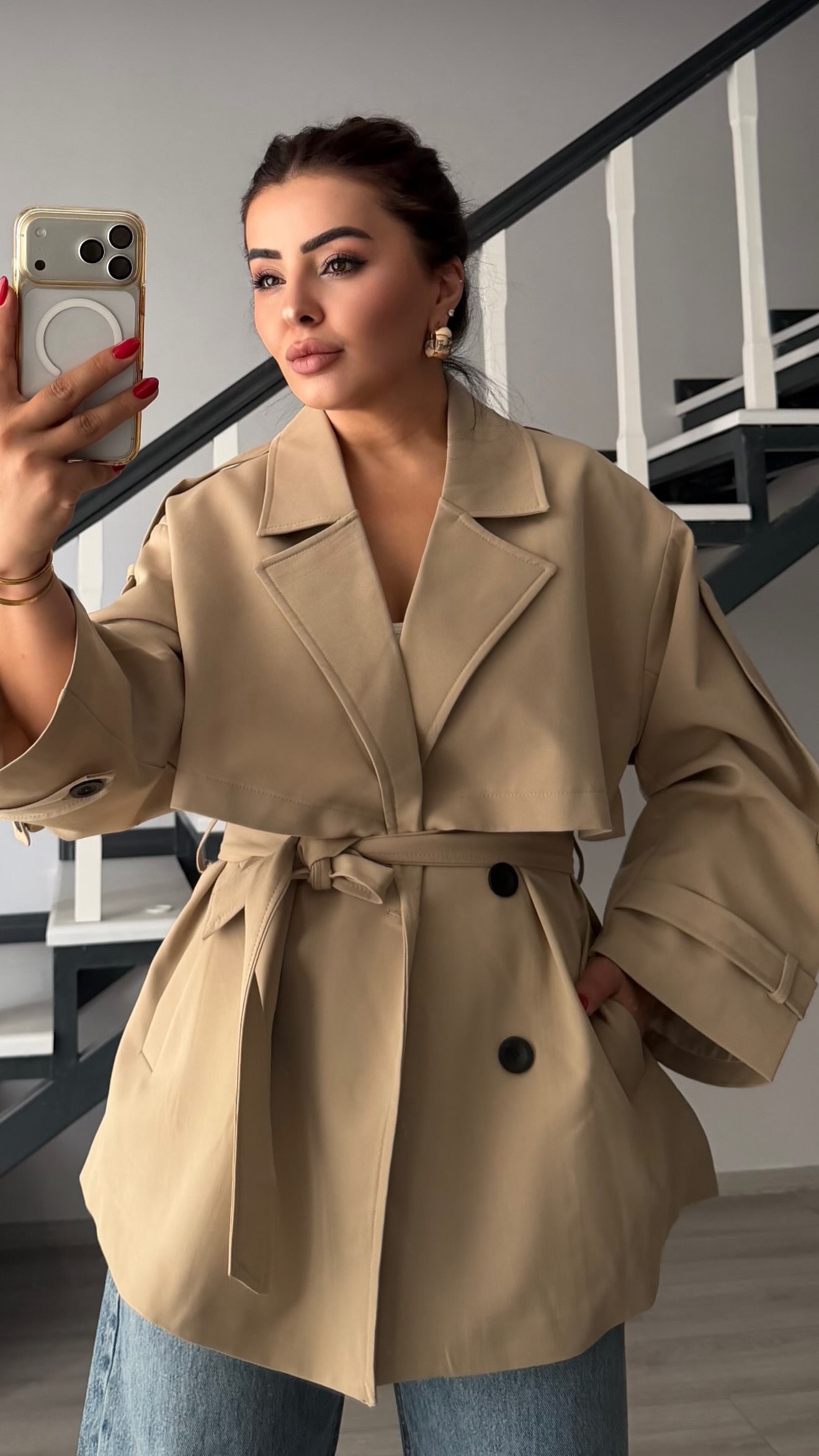Camel Premium Belted Oversized Trench Coat