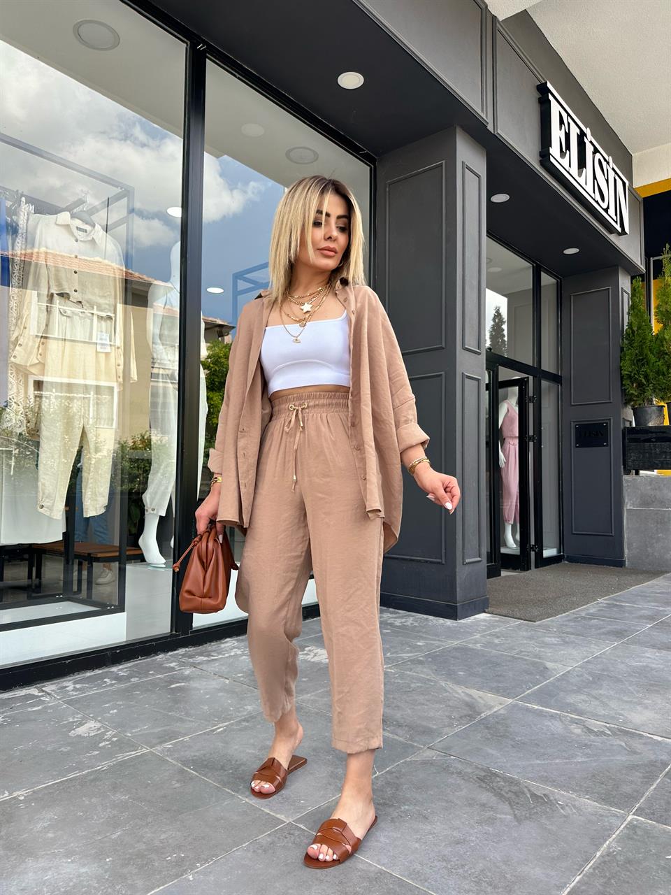 Camel Tencel Fabric Shirt and Pants Set