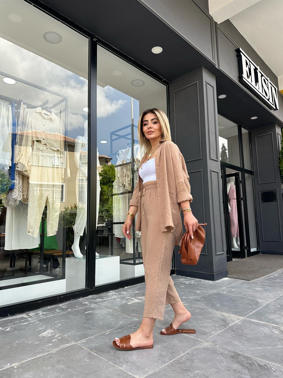 Camel Tencel Fabric Shirt and Pants Set
