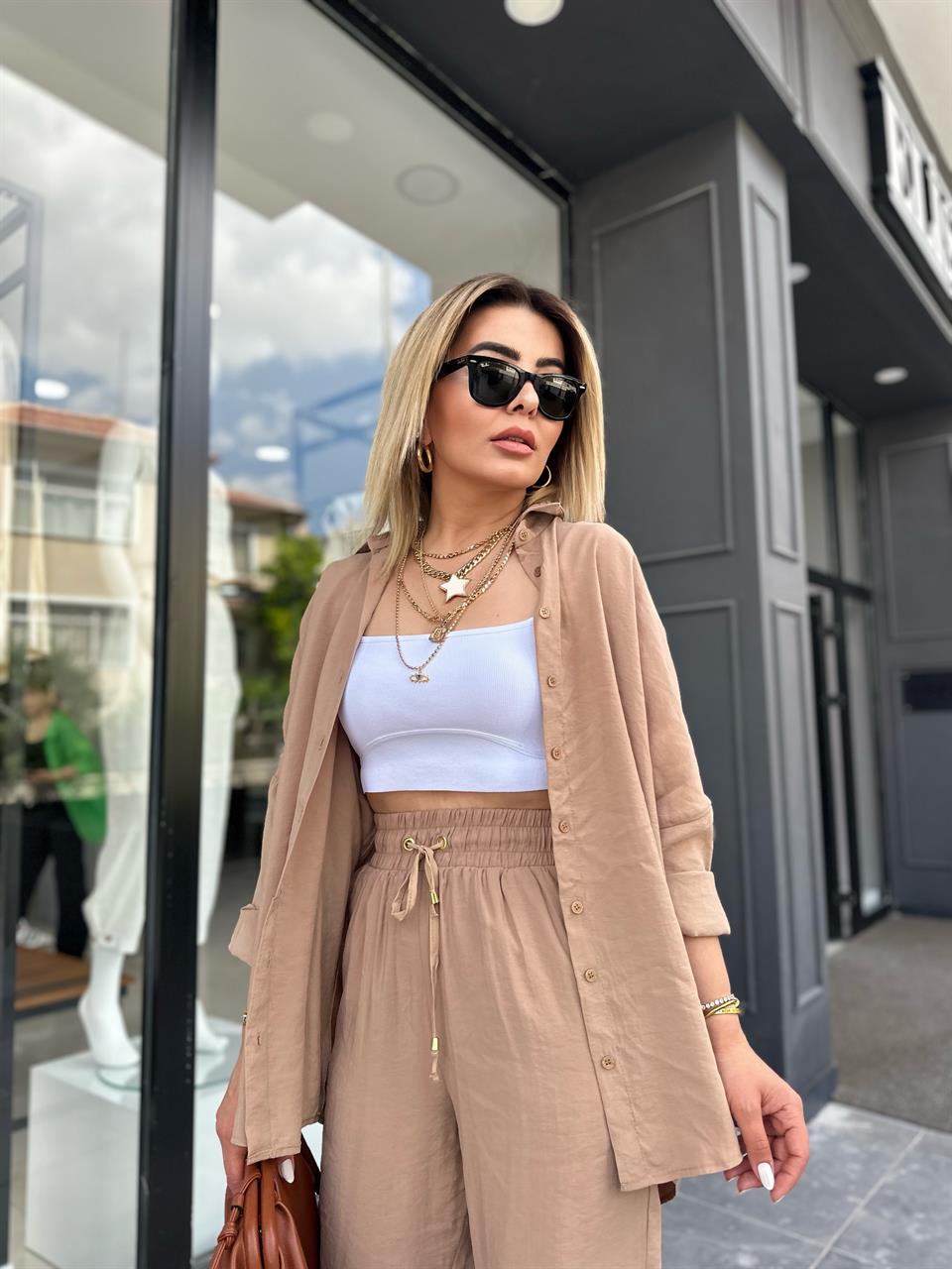 Camel Tencel Fabric Shirt and Pants Set