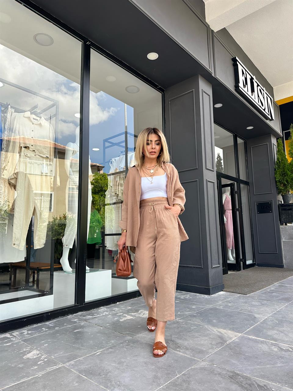 Camel Tencel Fabric Shirt and Pants Set