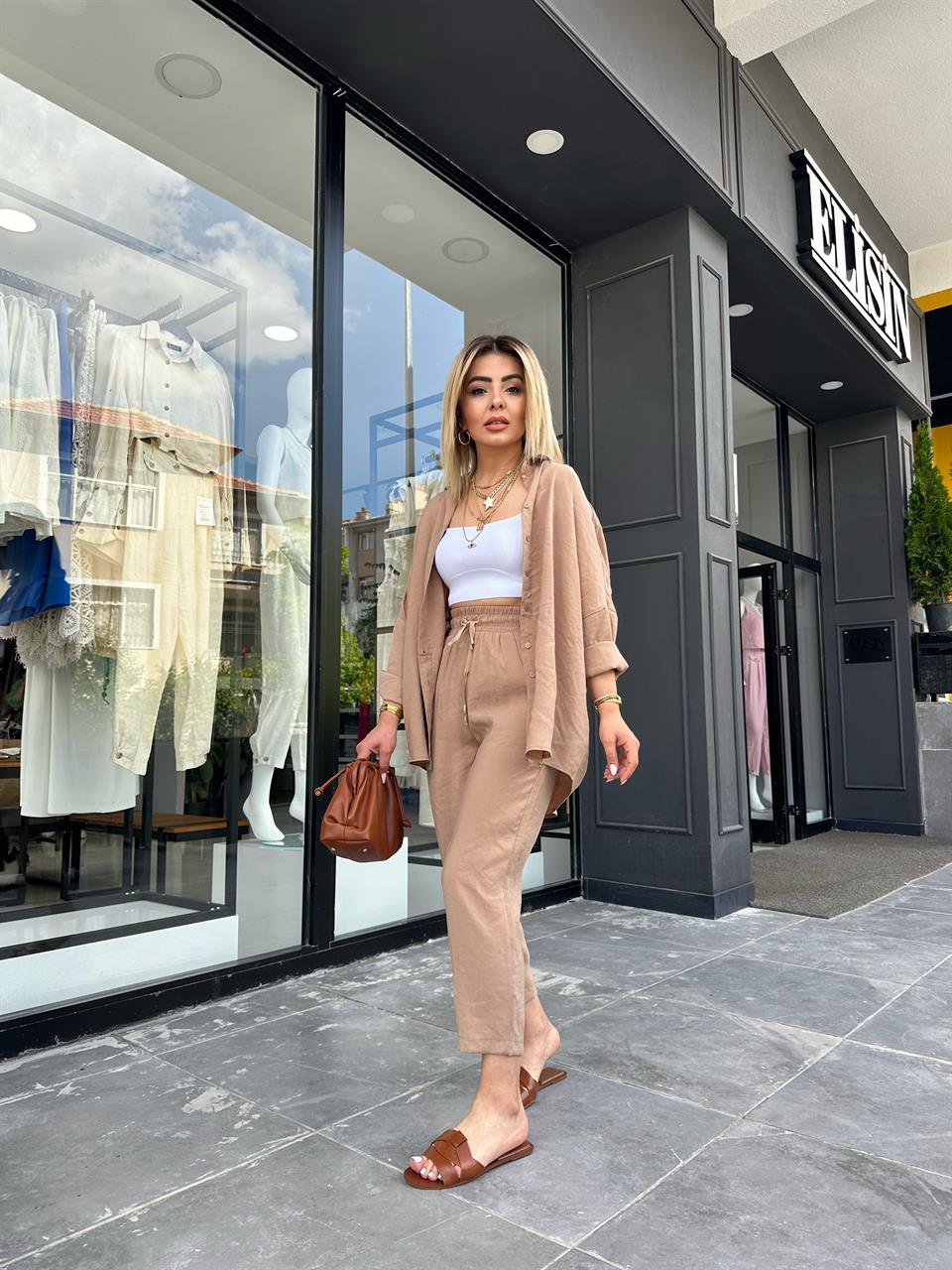 Camel Tencel Fabric Shirt and Pants Set